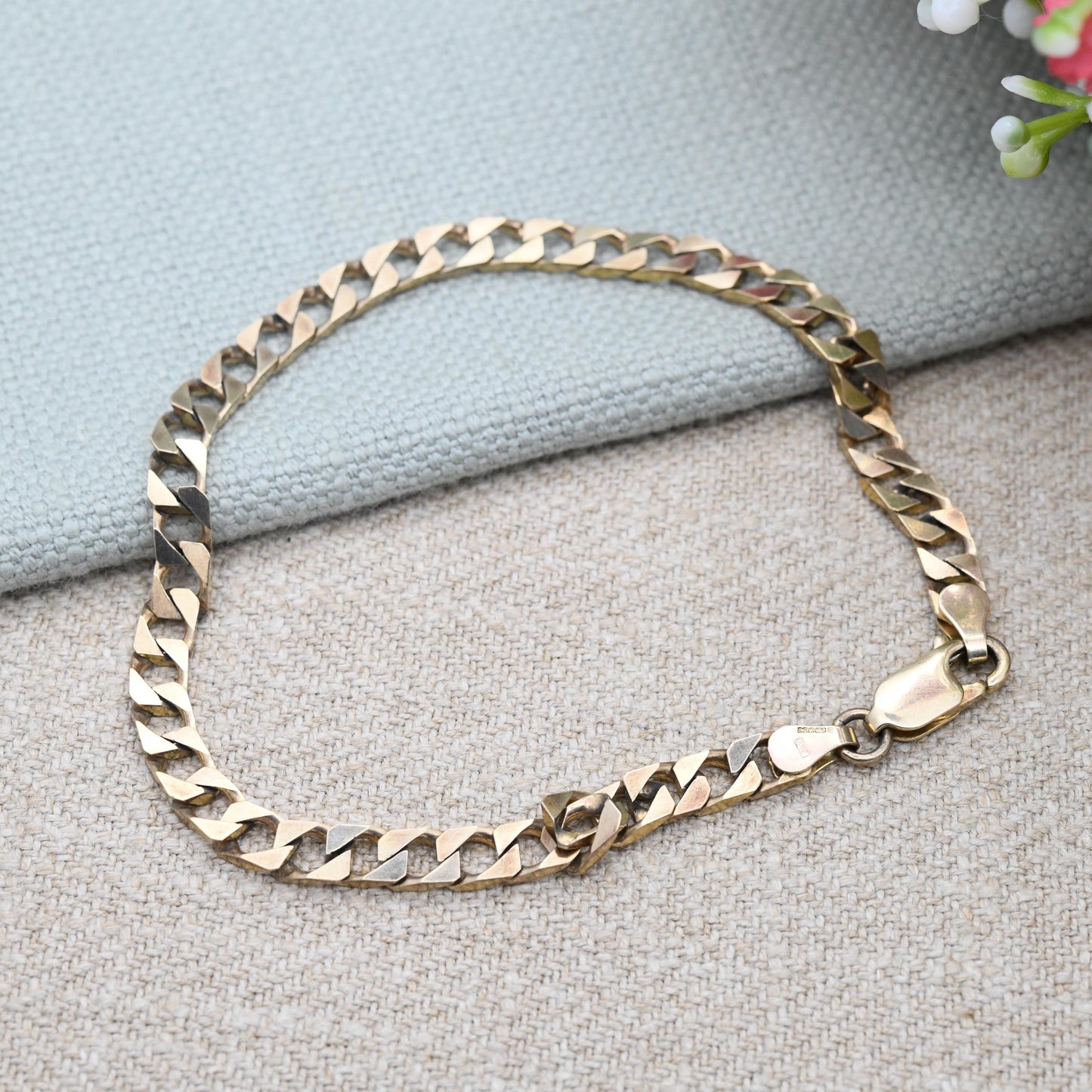 Vintage 9ct Gold Square Curb Link Chain Bracelet 1993 - Solid Yellow Gold Jewellery Gift for Him | Flat Link Everyday Bracelet | 22cm Long