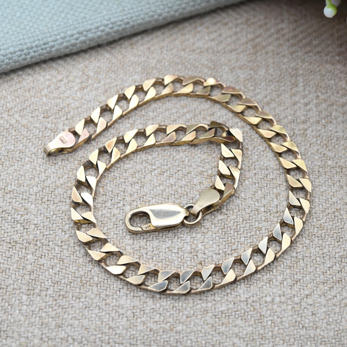 Vintage 9ct Gold Square Curb Link Chain Bracelet 1993 - Solid Yellow Gold Jewellery Gift for Him | Flat Link Everyday Bracelet | 22cm Long