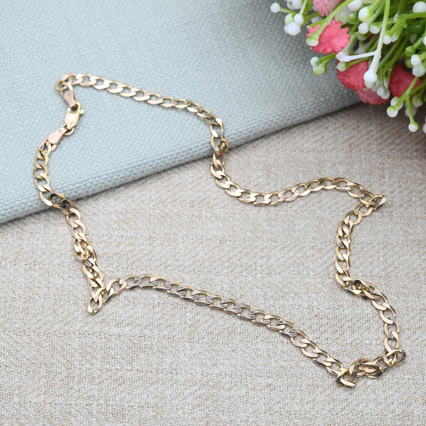 Vintage 9ct Gold Flat Curb Chain Necklace - Unisex 9K Solid Gold Chain | Yellow Gold Everyday Jewellery | 41cm | 16"