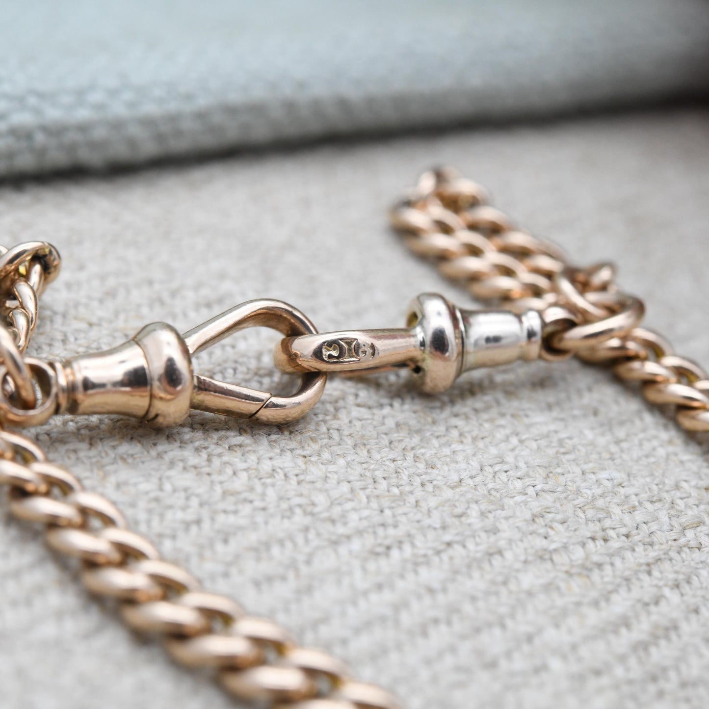 Antique 9ct Gold Watch Chain Necklace 1904 Double Albert with T-Bar and Dog Clips - Chester Edwardian Rose Gold Chunky Solid Chain 15" 38cm