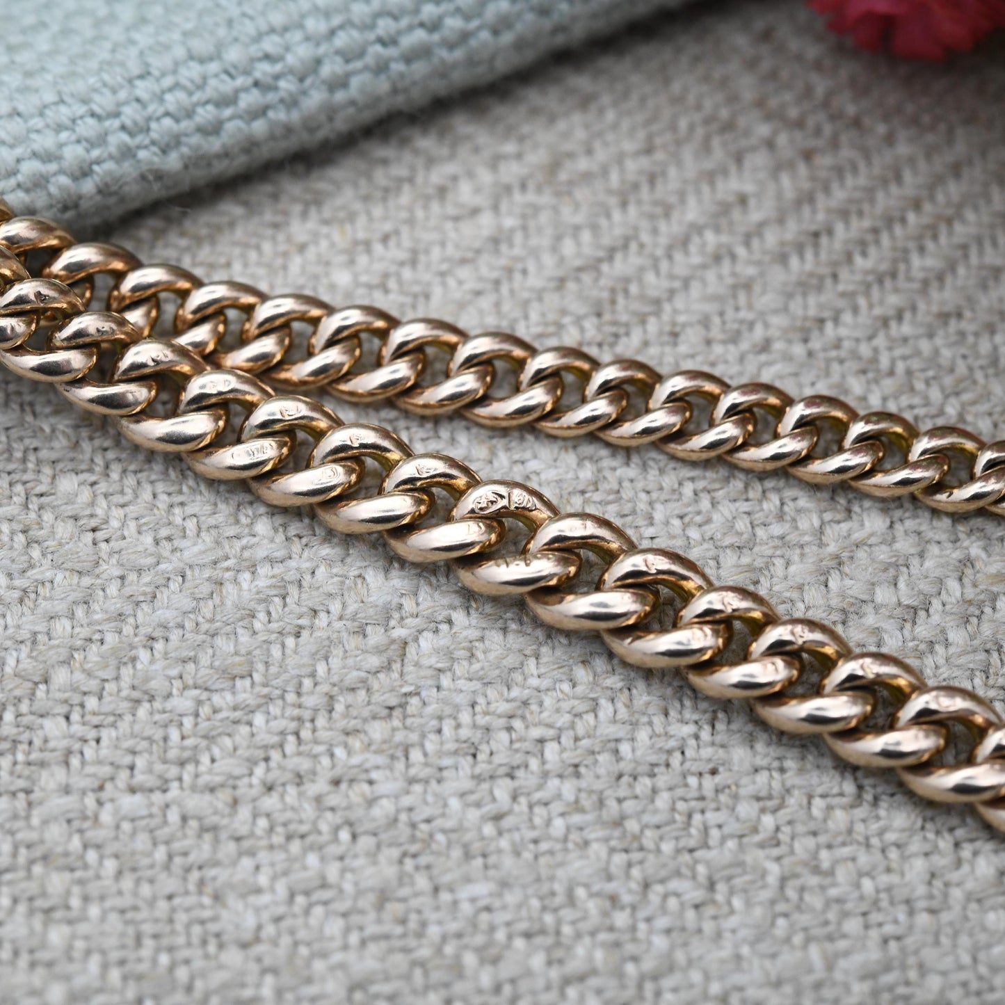 Antique 9ct Gold Watch Chain Necklace 1904 Double Albert with T-Bar and Dog Clips - Chester Edwardian Rose Gold Chunky Solid Chain 15" 38cm
