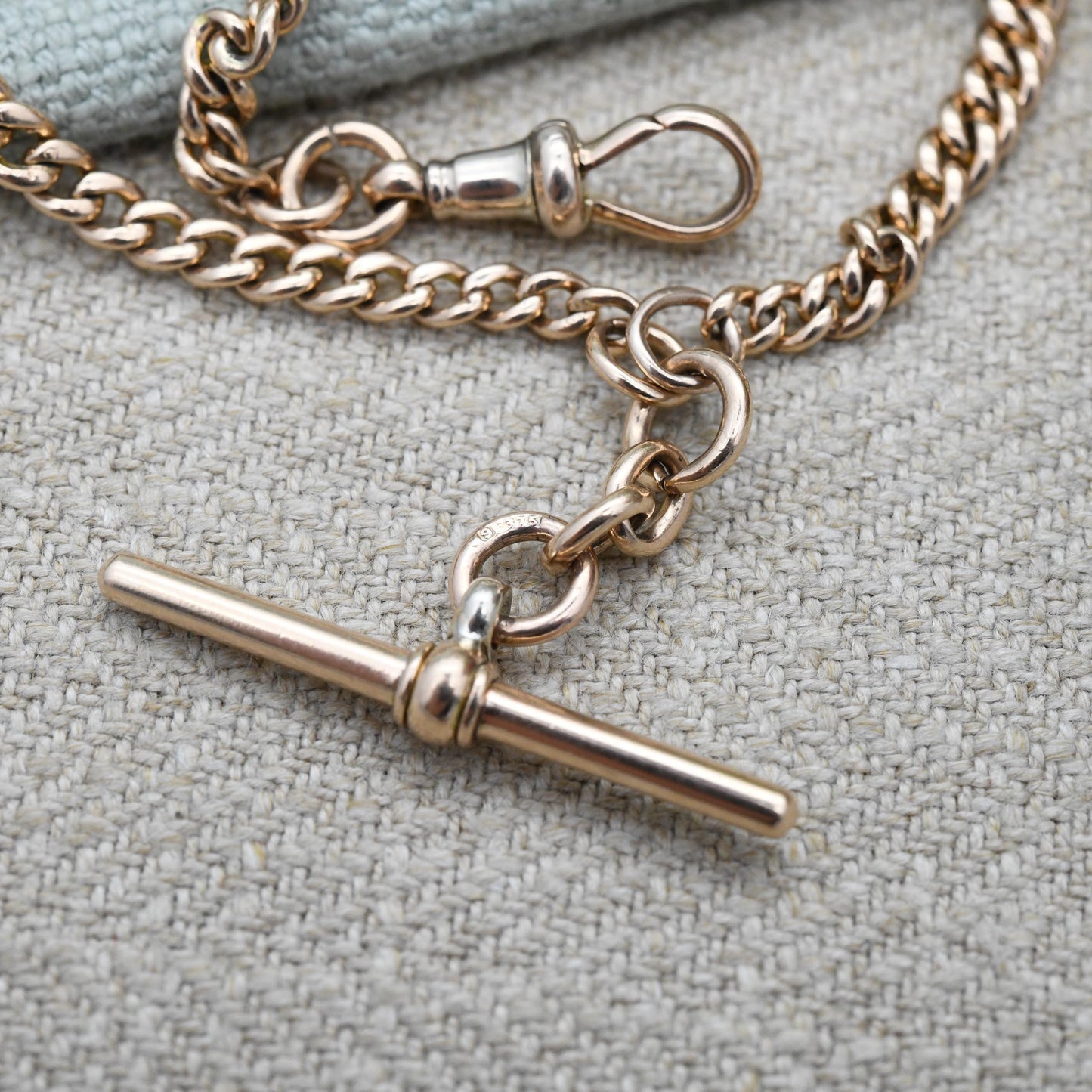 Antique 9ct Gold Watch Chain Necklace 1904 Double Albert with T-Bar and Dog Clips - Chester Edwardian Rose Gold Chunky Solid Chain 15" 38cm