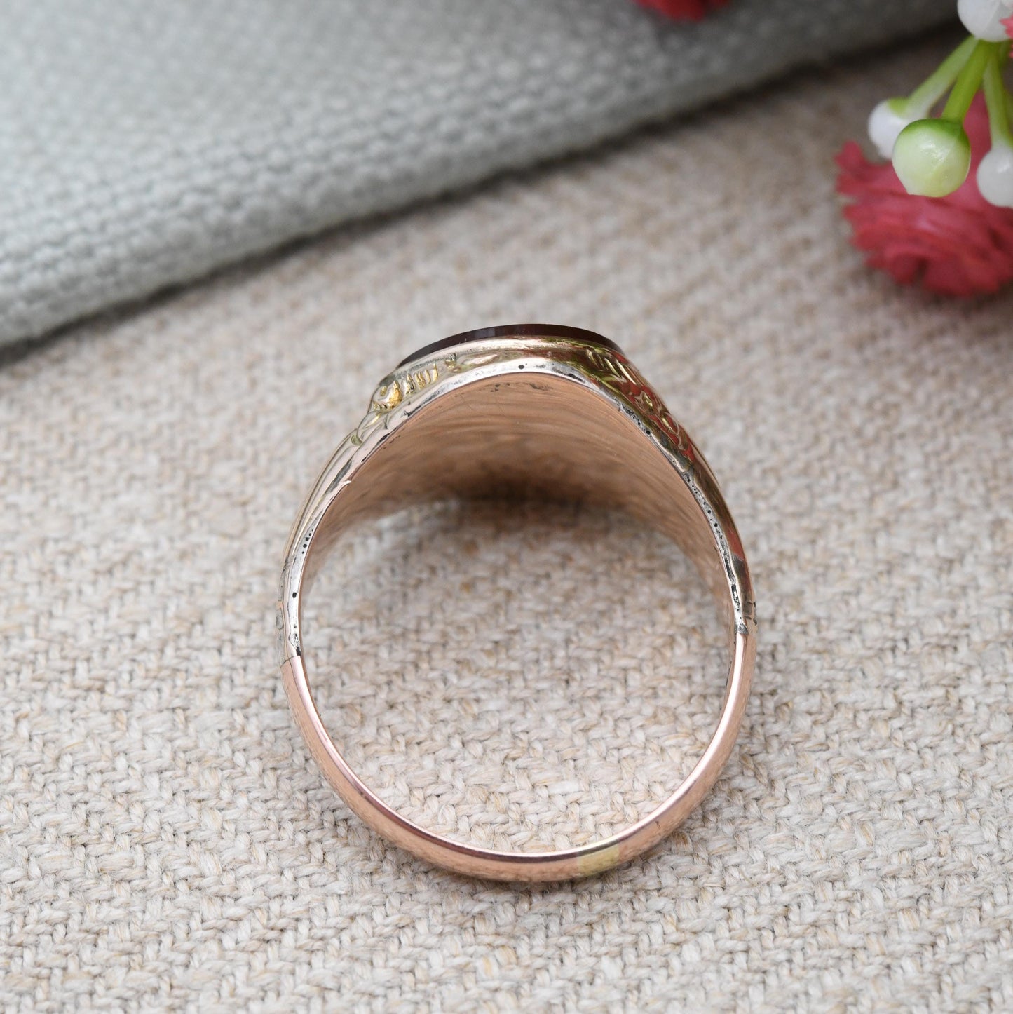 Antique Carnelian Signet Ring with 9ct Gold Shank Engraved - Unisex Chunky Jewellery Gemstone Heritage Jewellery | UK Size - S | US Size - 9
