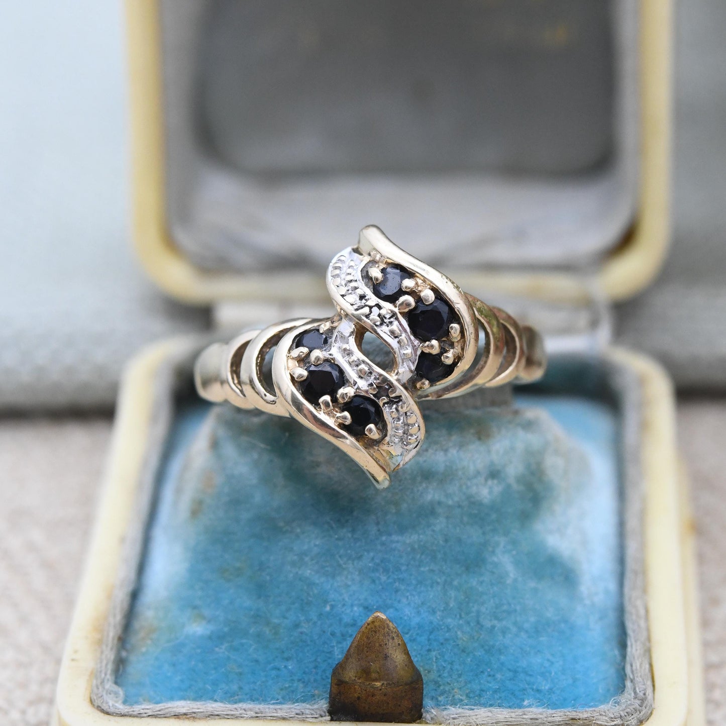 Vintage 9ct Gold Sapphire and Diamond Bypass Style Twist Ring - Abstract Swirl Ring c. 1980 Statement Cocktail | UK Size - N 1/2 US Size - 7