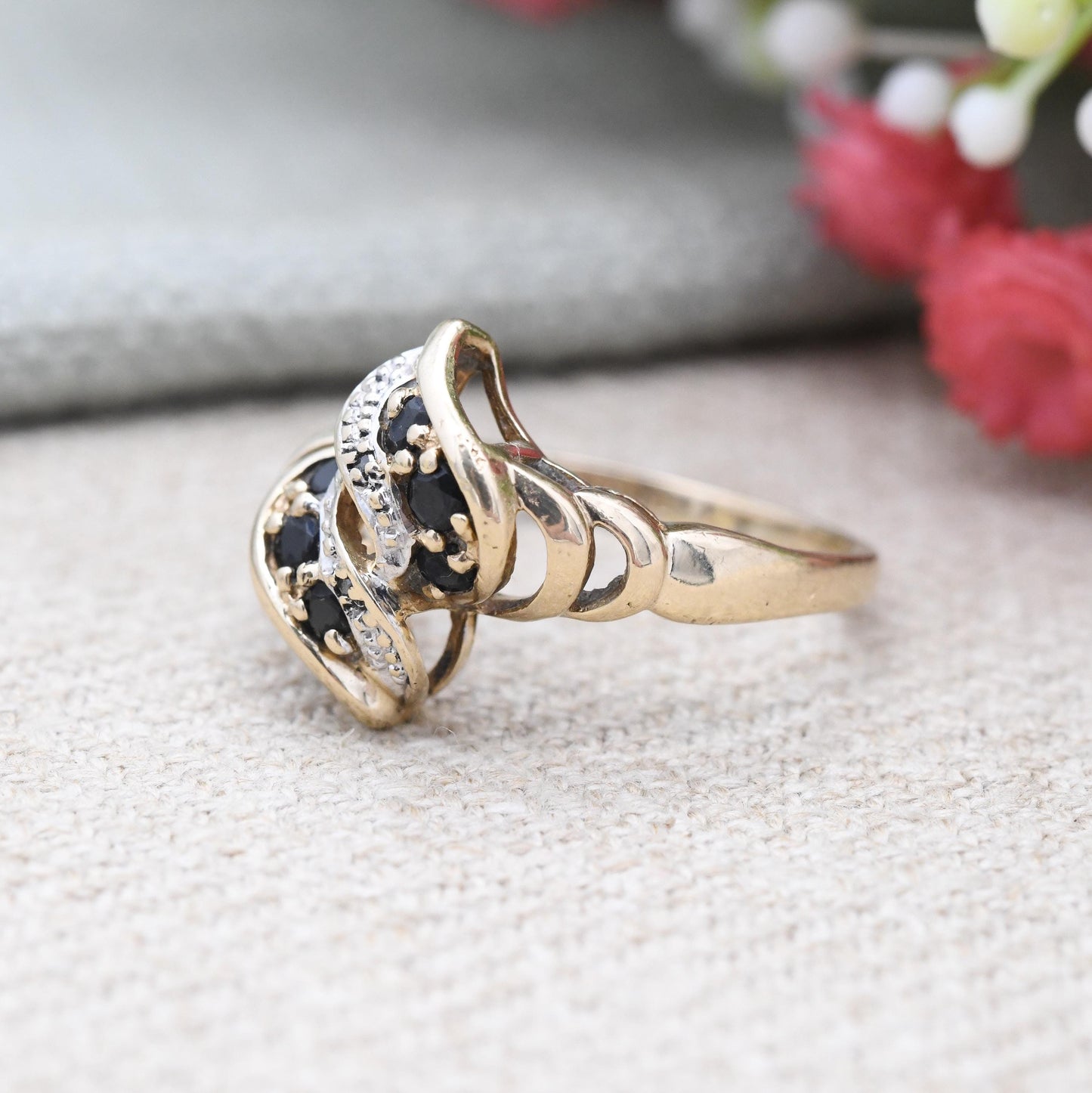 Vintage 9ct Gold Sapphire and Diamond Bypass Style Twist Ring - Abstract Swirl Ring c. 1980 Statement Cocktail | UK Size - N 1/2 US Size - 7