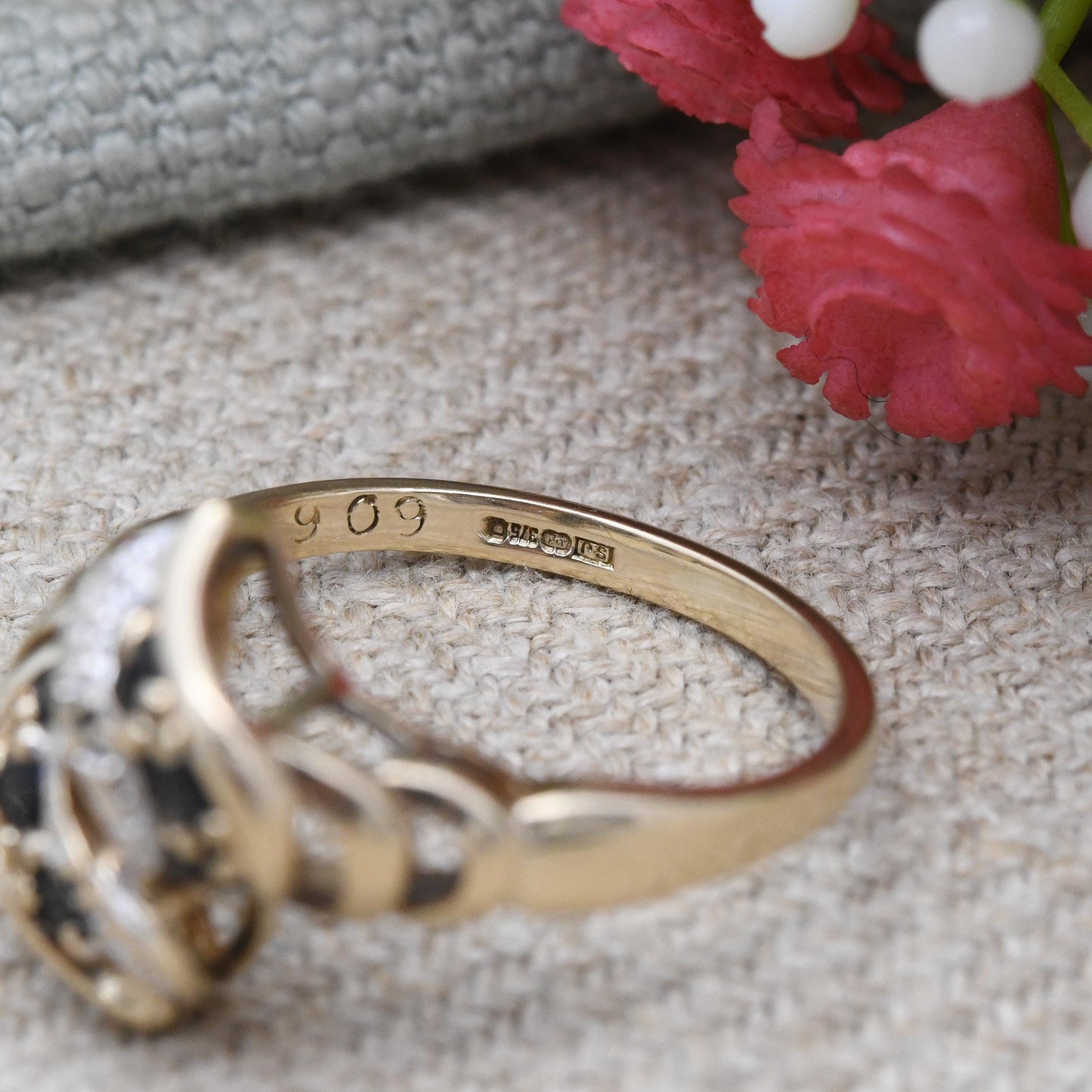 Vintage 9ct Gold Sapphire and Diamond Bypass Style Twist Ring - Abstract Swirl Ring c. 1980 Statement Cocktail | UK Size - N 1/2 US Size - 7