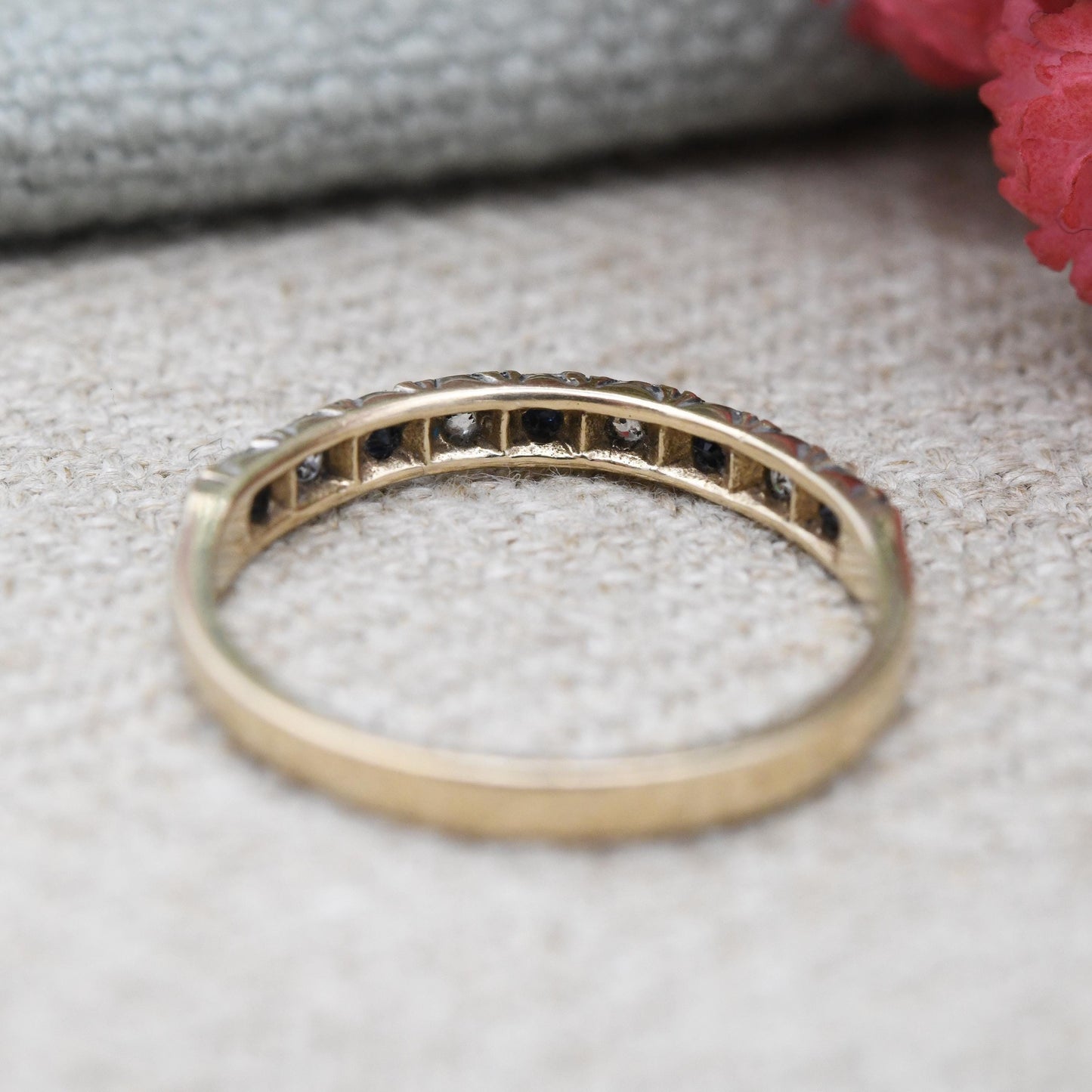 Vintage 9ct Gold Sapphire and CZ Half Eternity Ring 1984 - Alternate Blue White Gem Stacking Ring | UK Size - M | US Size - 6 1/4