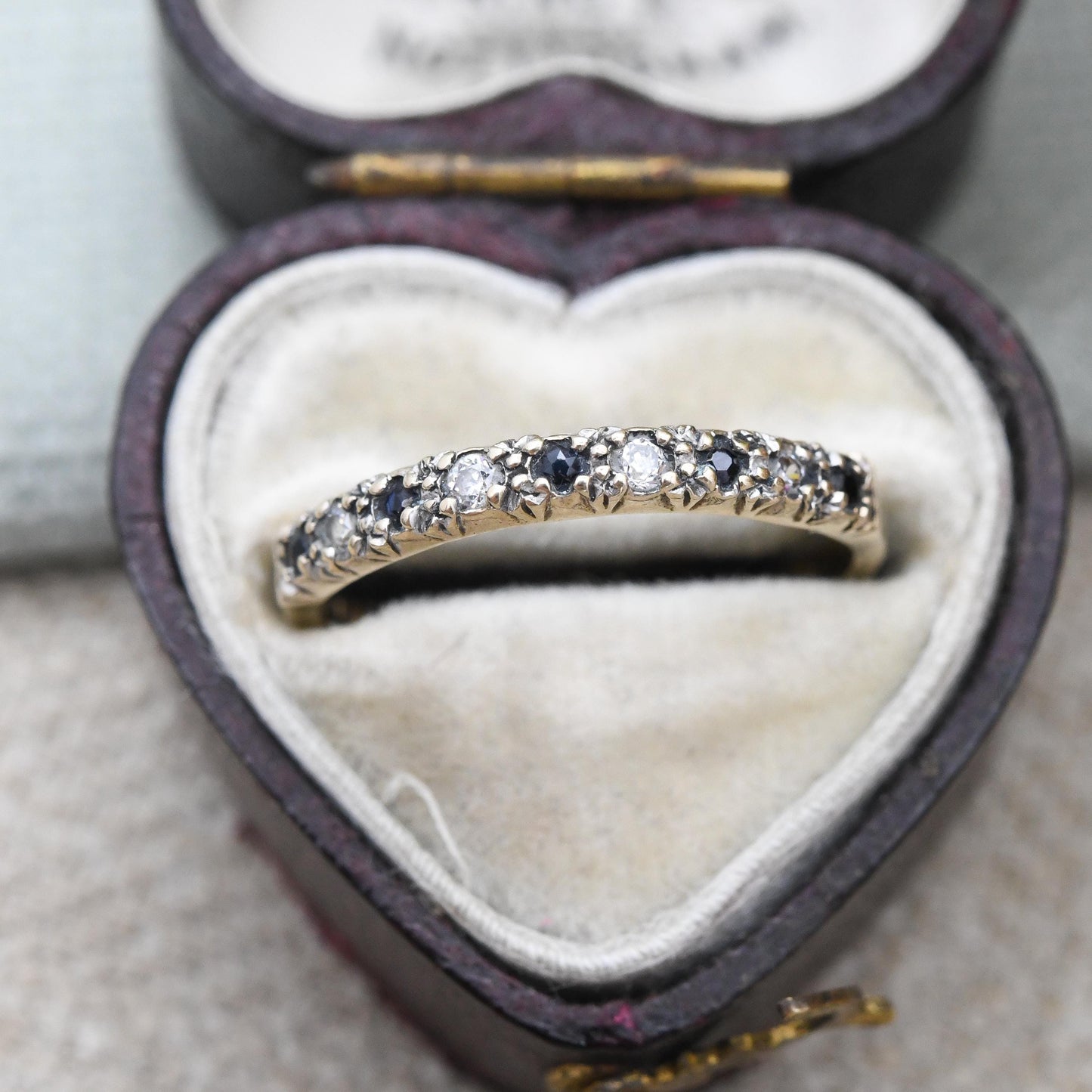 Vintage 9ct Gold Sapphire and CZ Half Eternity Ring 1984 - Alternate Blue White Gem Stacking Ring | UK Size - M | US Size - 6 1/4