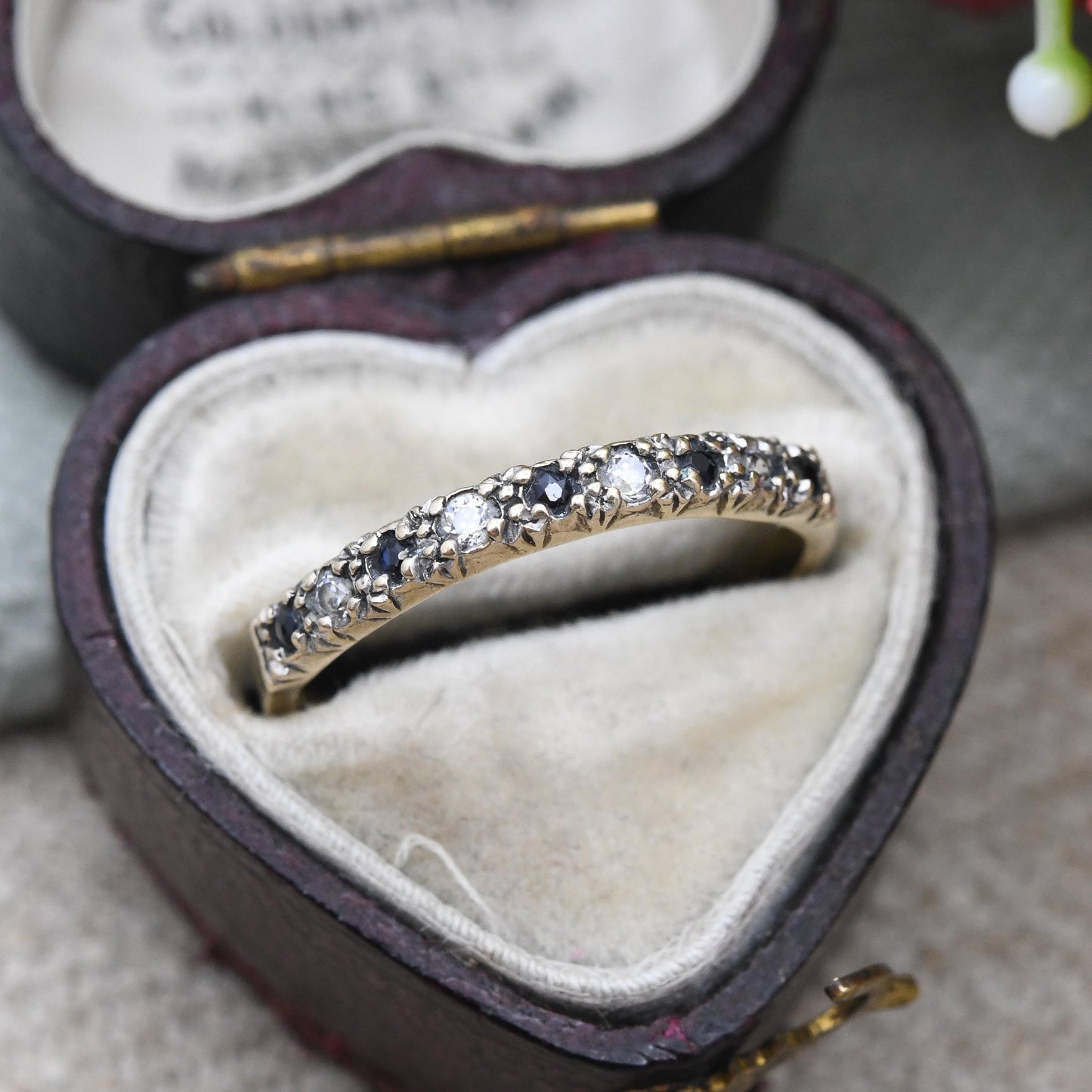 Vintage 9ct Gold Sapphire and CZ Half Eternity Ring 1984 - Alternate Blue White Gem Stacking Ring | UK Size - M | US Size - 6 1/4