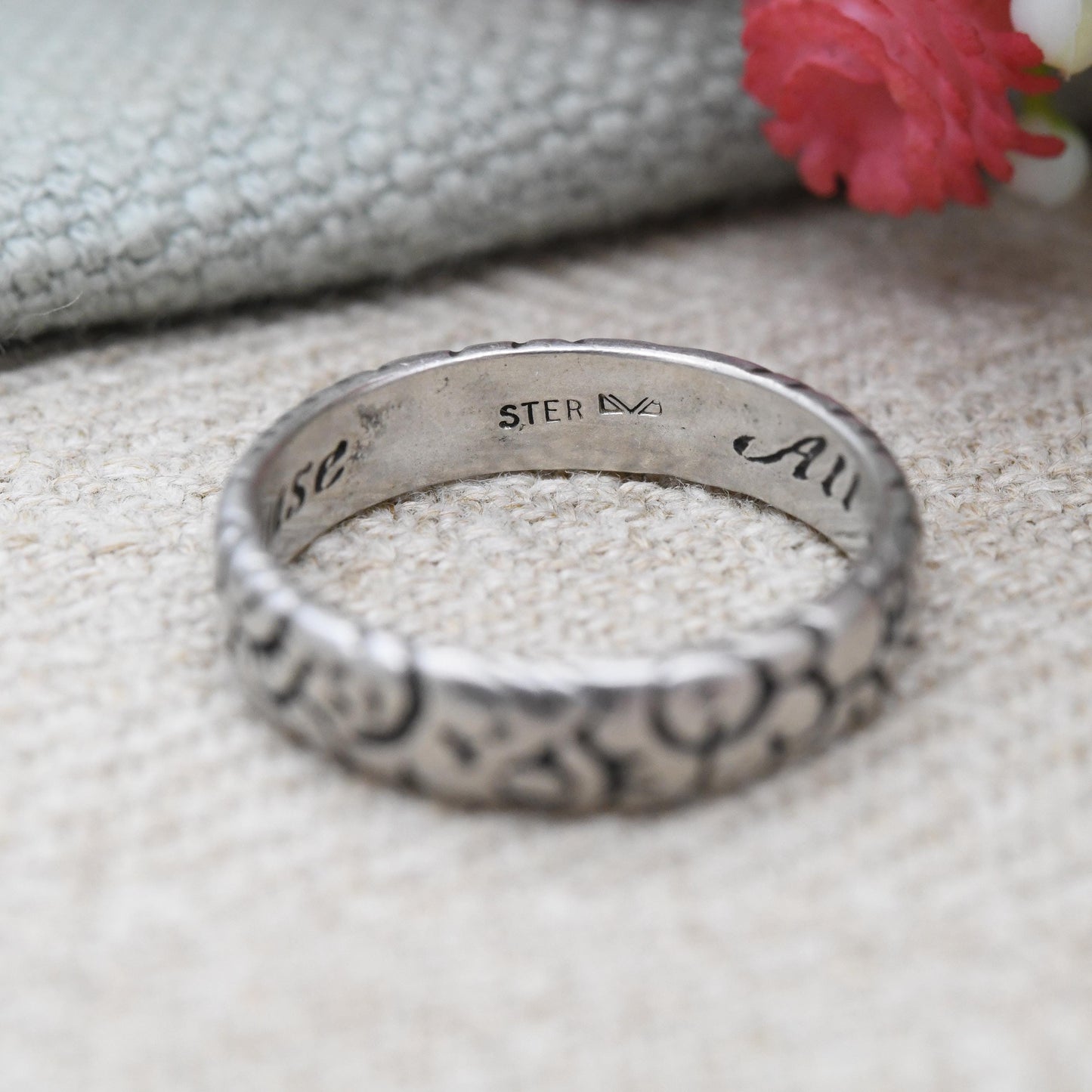 Vintage Sterling Silver Posy Ring All I Refuse & Thee I Choose - Sentimental Secret Message Textured Floral Band | Size UK - L 1/2 | US - 6