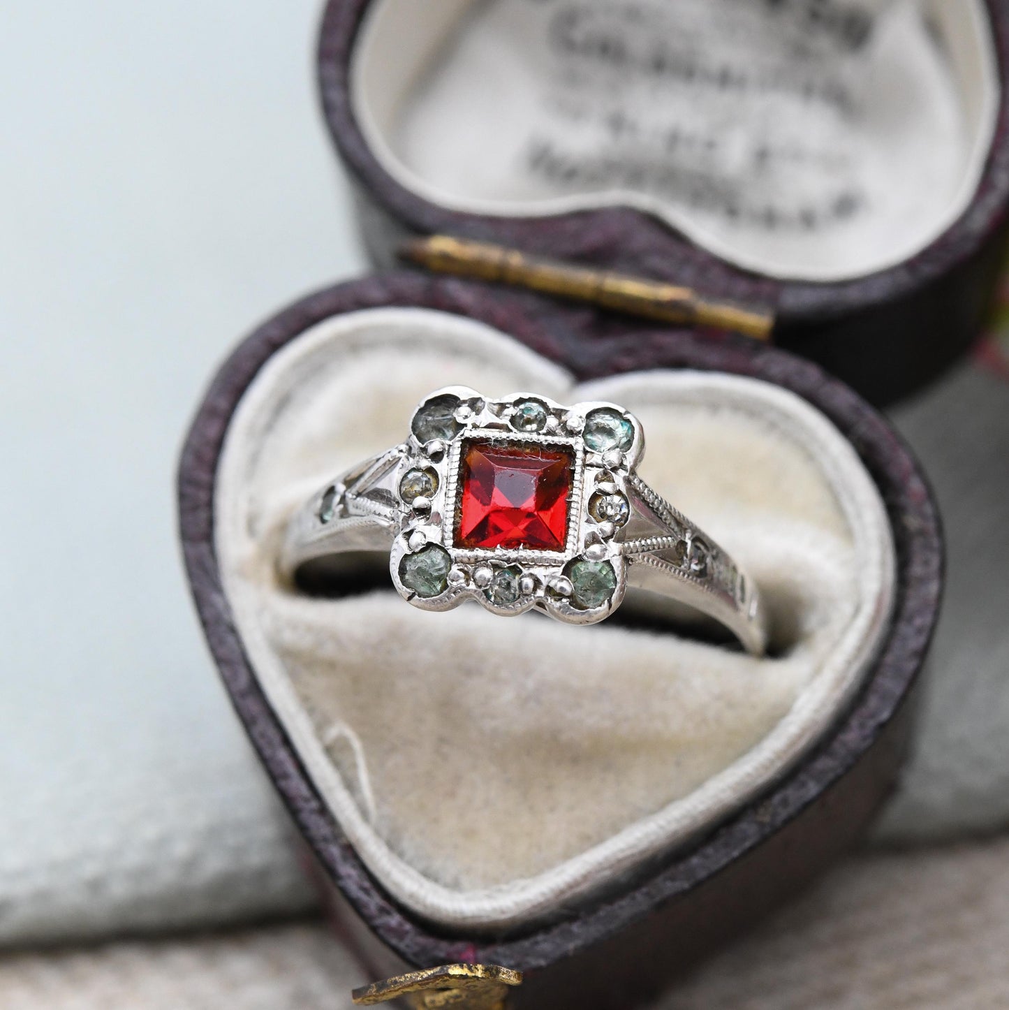 Vintage 9ct Gold & Sterling Silver Paste Square Halo Ring - c. 1940s Cocktail Jewellery Pretty Gift for Her | UK Size - N 1/2 | US Size - 7