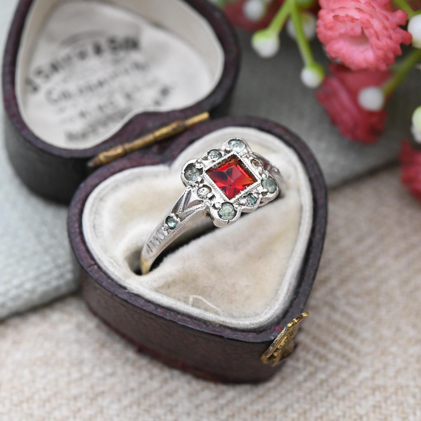Vintage 9ct Gold & Sterling Silver Paste Square Halo Ring - c. 1940s Cocktail Jewellery Pretty Gift for Her | UK Size - N 1/2 | US Size - 7