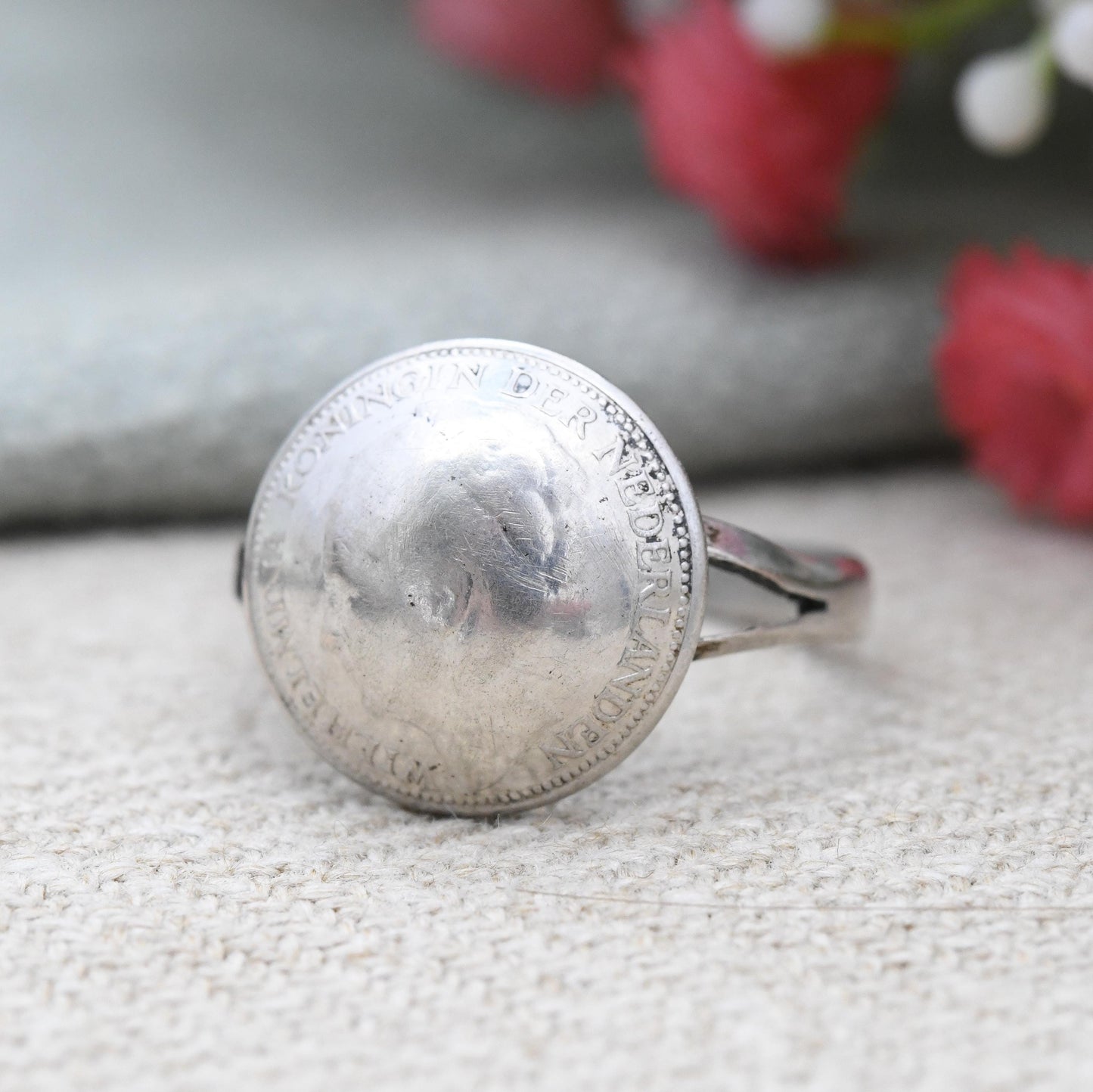 Vintage Silver Wilhelmina Koningin 1941 10 Cents Coin Ring Netherlands - Dutch Royal Family Coin Jewellery | UK Size - N | US Size - 6 3/4