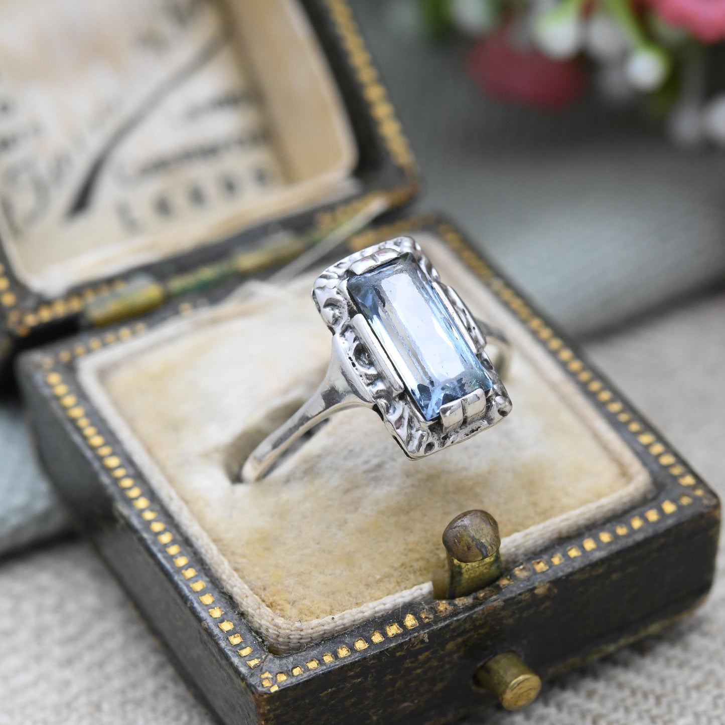 Vintage European Silver Statement Ring with Baby Blue Stone c. 1930s - Embossed Setting Rectangular Faceted | UK Size - N | US Size - 6 1/2