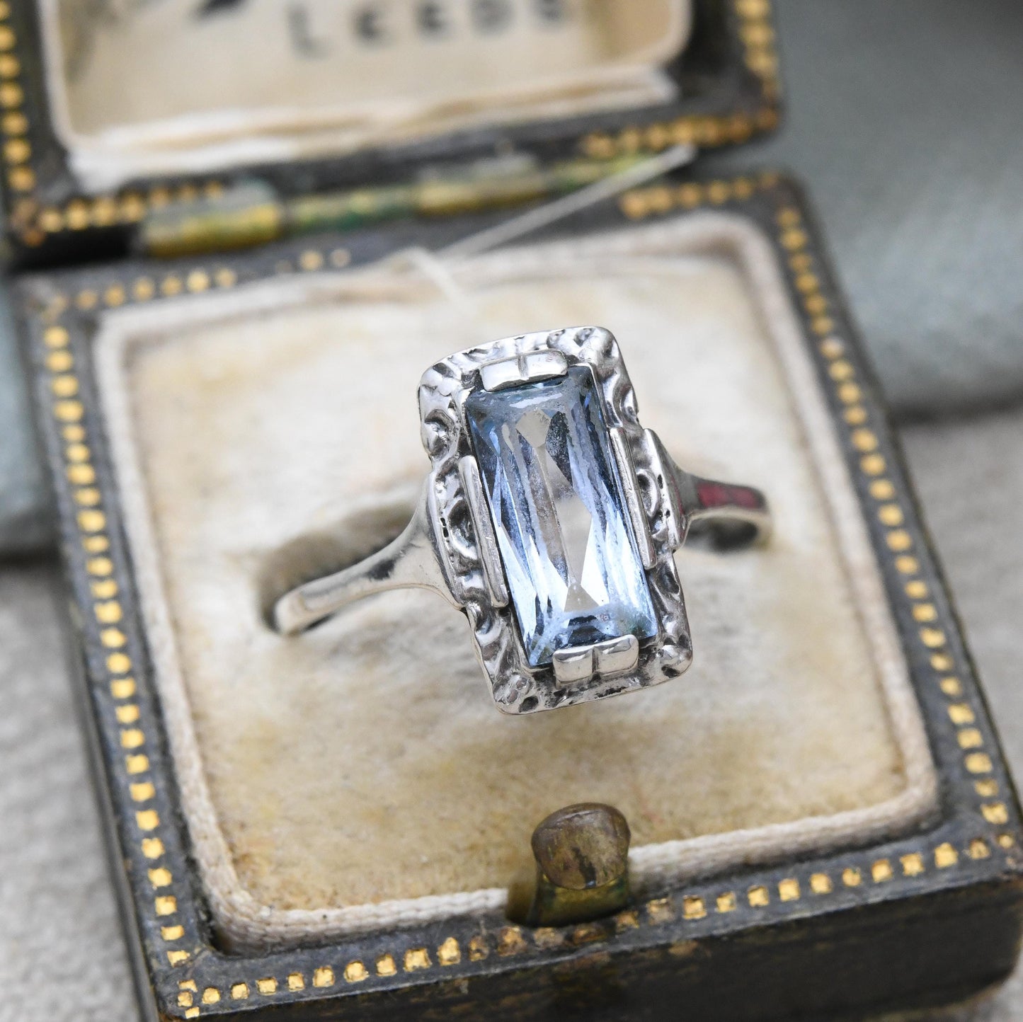 Vintage European Silver Statement Ring with Baby Blue Stone c. 1930s - Embossed Setting Rectangular Faceted | UK Size - N | US Size - 6 1/2