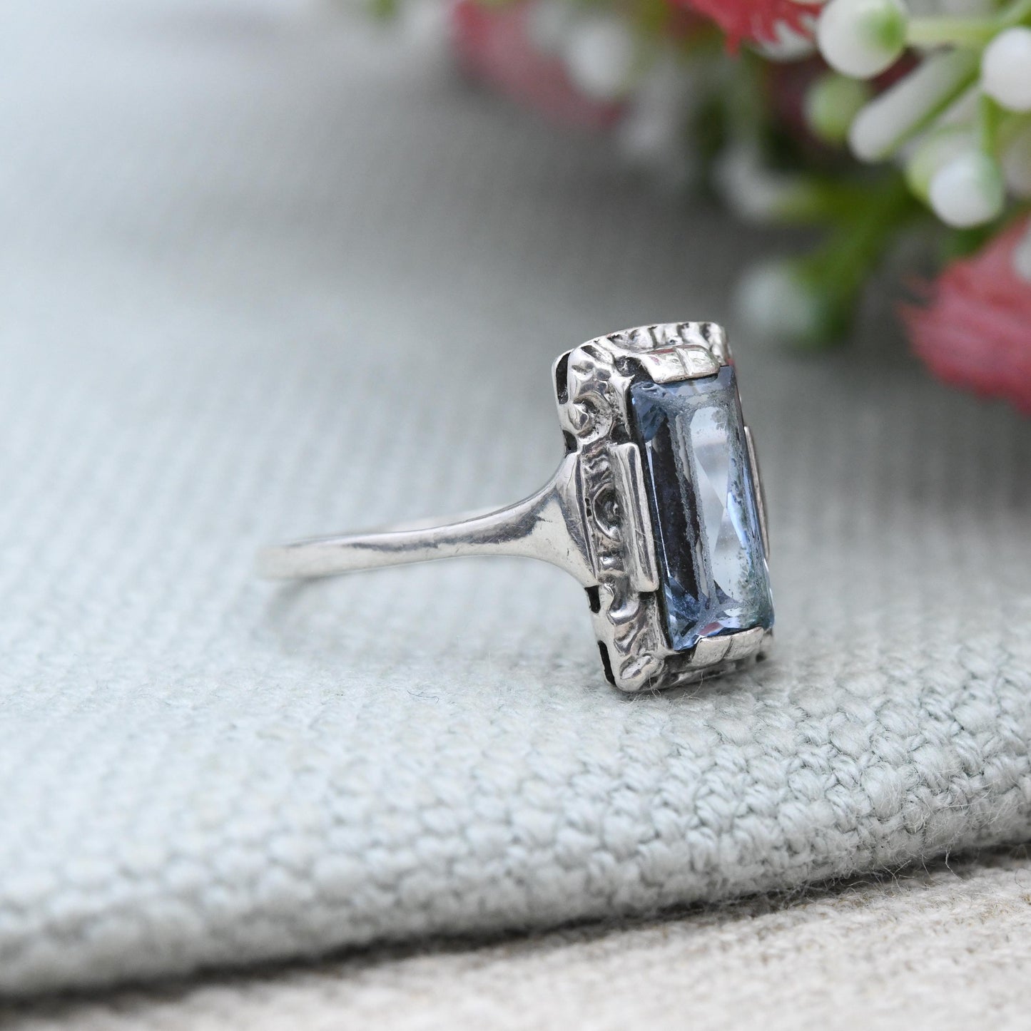 Vintage European Silver Statement Ring with Baby Blue Stone c. 1930s - Embossed Setting Rectangular Faceted | UK Size - N | US Size - 6 1/2