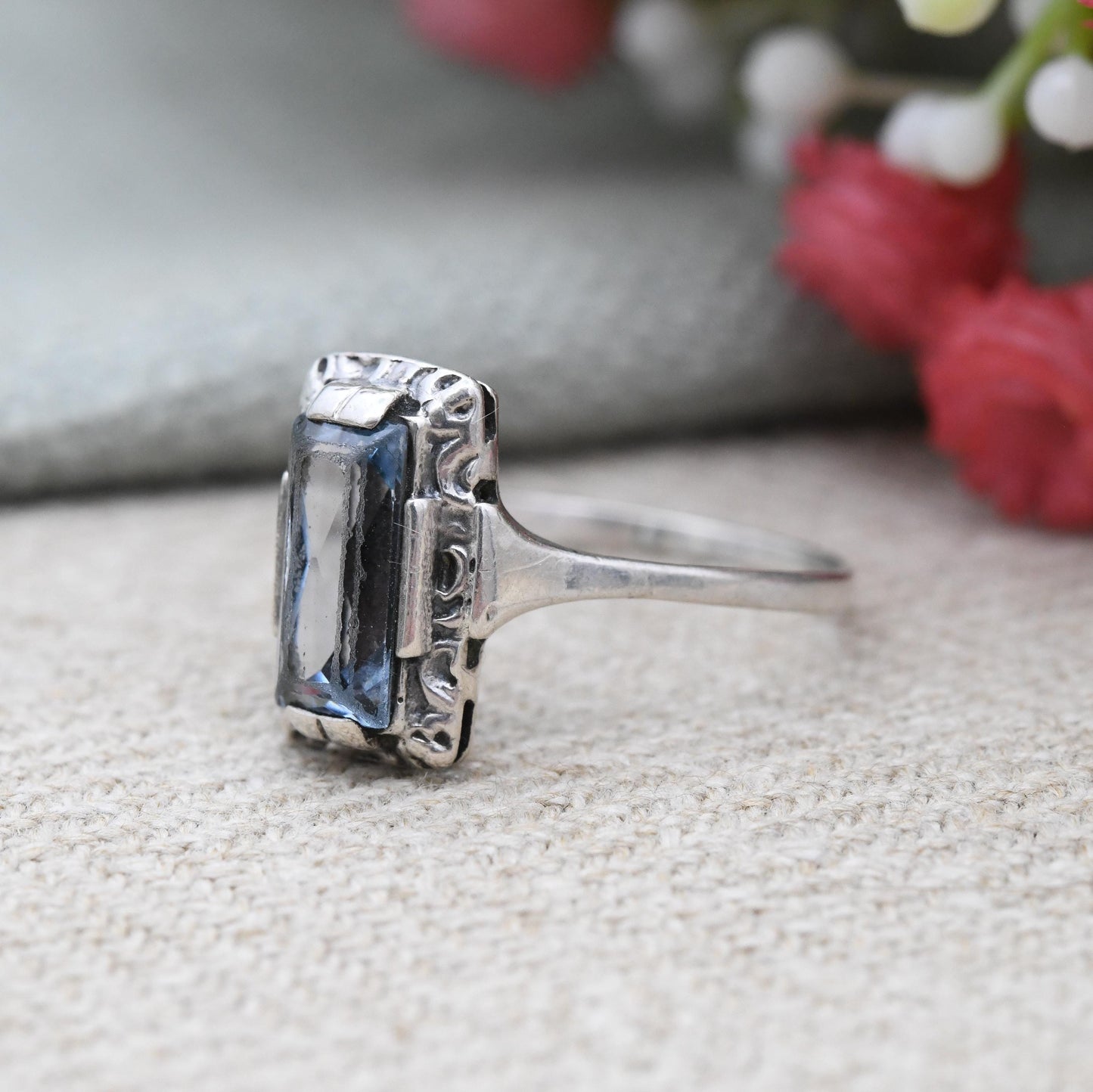 Vintage European Silver Statement Ring with Baby Blue Stone c. 1930s - Embossed Setting Rectangular Faceted | UK Size - N | US Size - 6 1/2