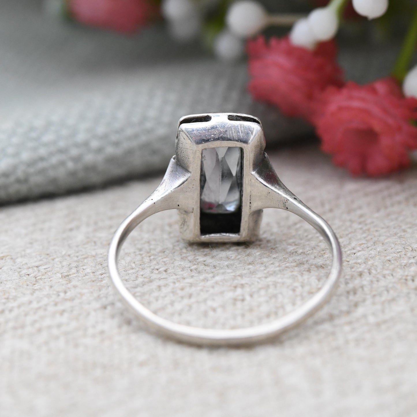 Vintage European Silver Statement Ring with Baby Blue Stone c. 1930s - Embossed Setting Rectangular Faceted | UK Size - N | US Size - 6 1/2