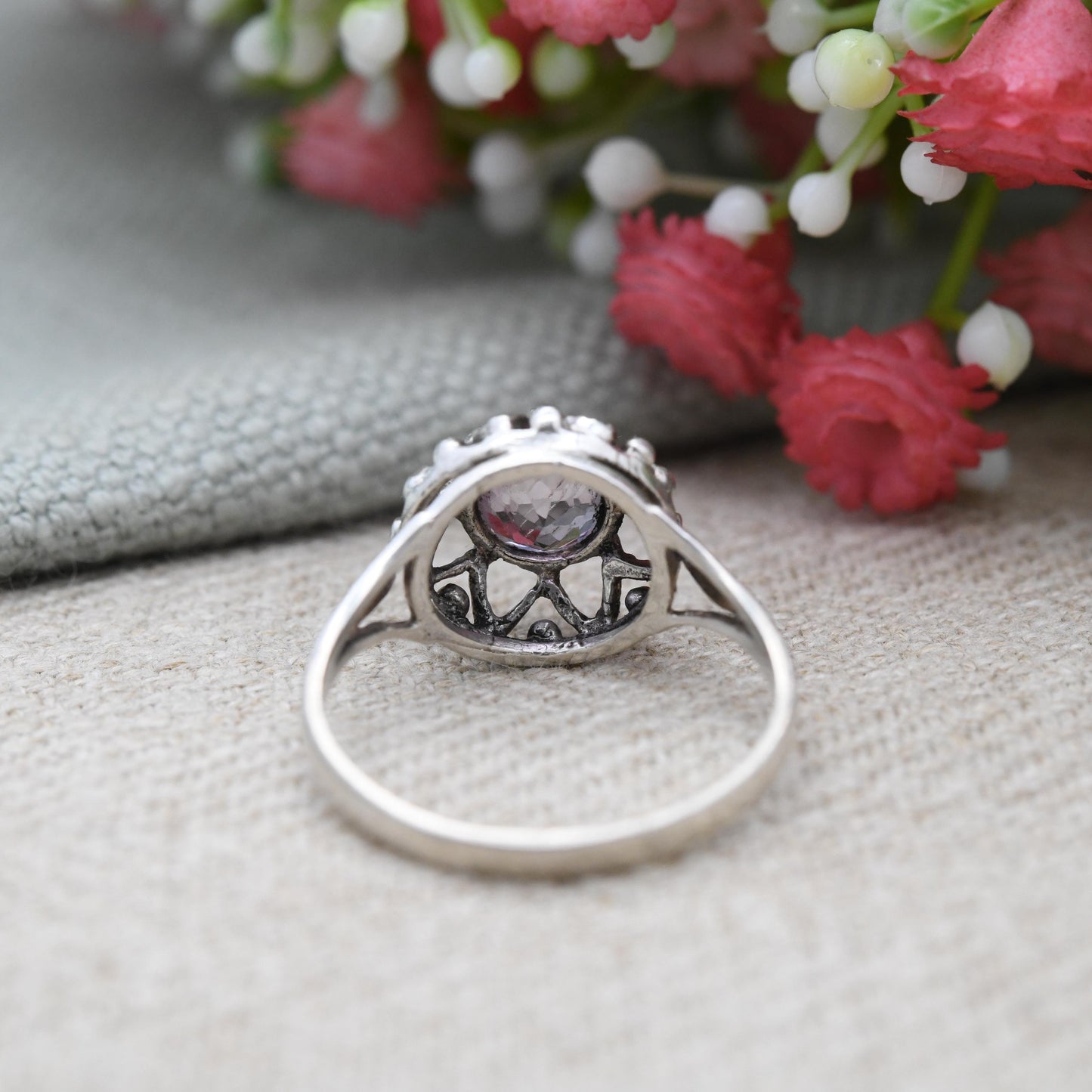 Vintage Sterling Silver Amethyst Ring P&R Bushell - Mid-Century 1970s Large Purple Stone Solitaire Open | UK Size - P 1/2 | US Size - 7 3/4