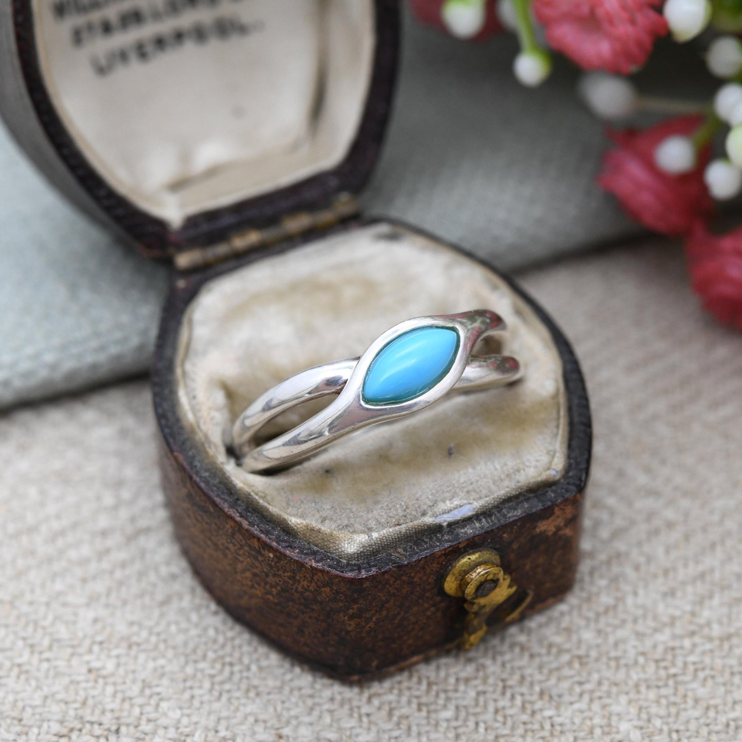 Sterling Silver Turquoise Ring Minimal Twist Design - Contemporary Southwestern Design | Blue Gemstone | UK Size - P | US Size - 7 3/4