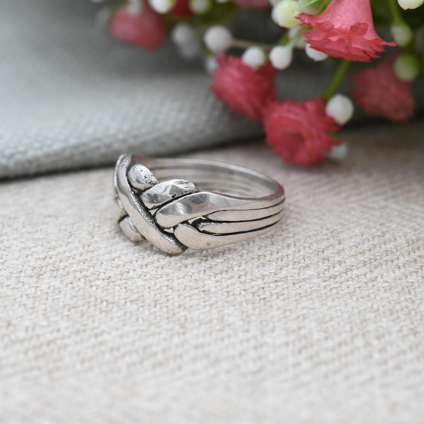 Vintage Silver Puzzle Ring Solved - Four Band Puzzle Crossed Band Unisex Chunky Silver Jewellery | UK Size - P 1/2 | US Size - 8