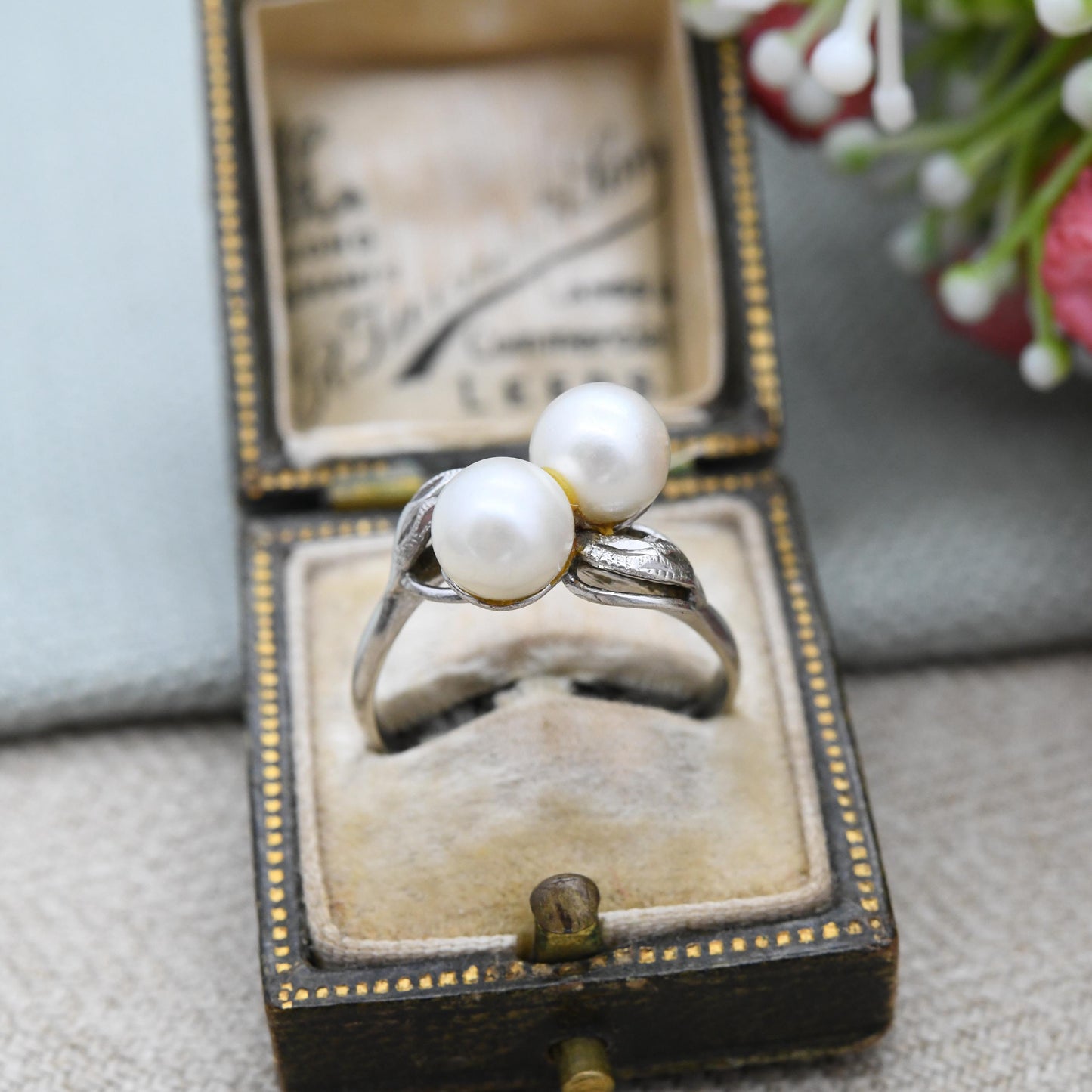 Vintage Silver Toi et Moi Pearl Ring - Large Double White Pearl Bypass Ring | Mid-Century Leaf Texture | UK Size - P | US Size - 7 3/4