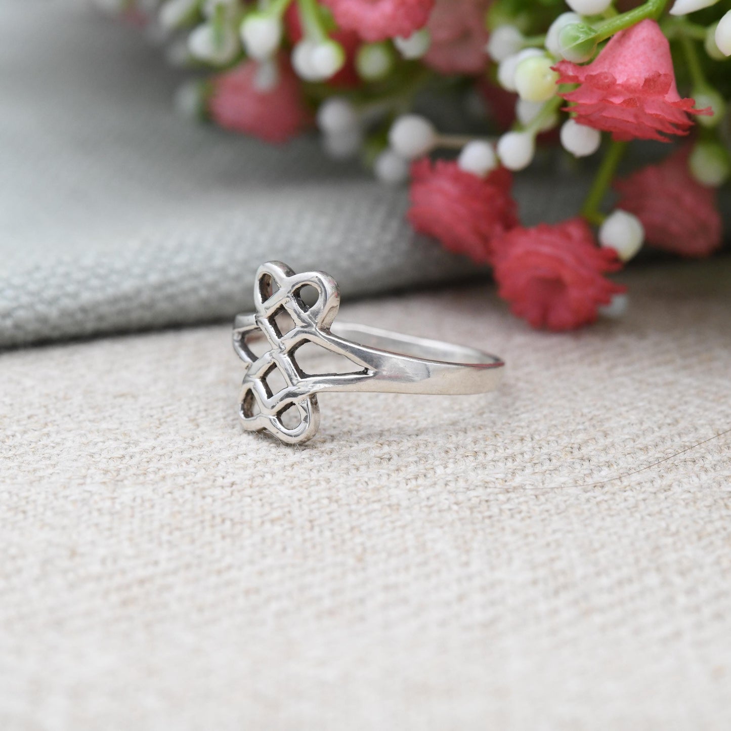 Vintage Sterling Silver Celtic Knot Ring Double Heart Design - Minimalist Twisted Knot Ring | UK Size - Q | US Size - 8