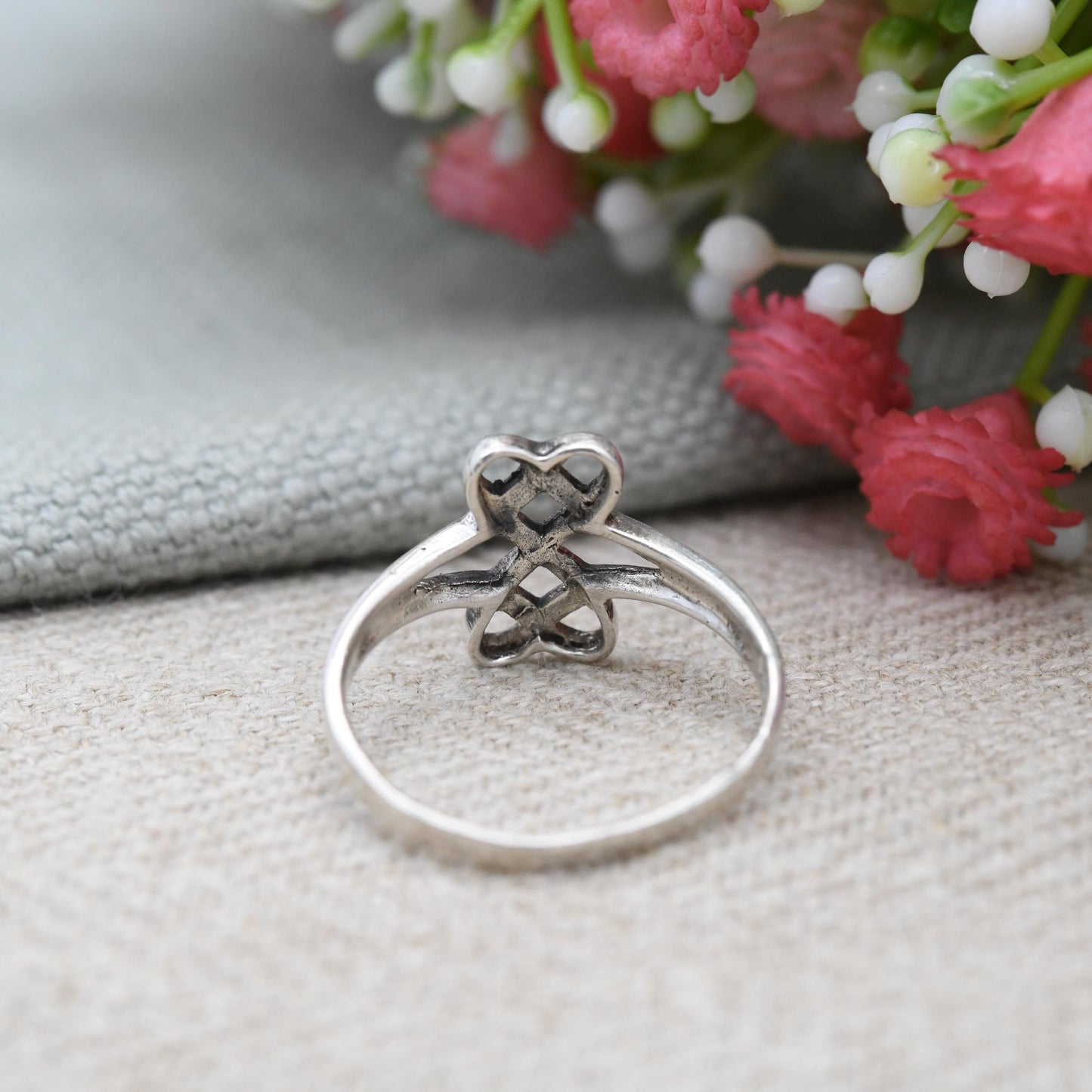 Vintage Sterling Silver Celtic Knot Ring Double Heart Design - Minimalist Twisted Knot Ring | UK Size - Q | US Size - 8