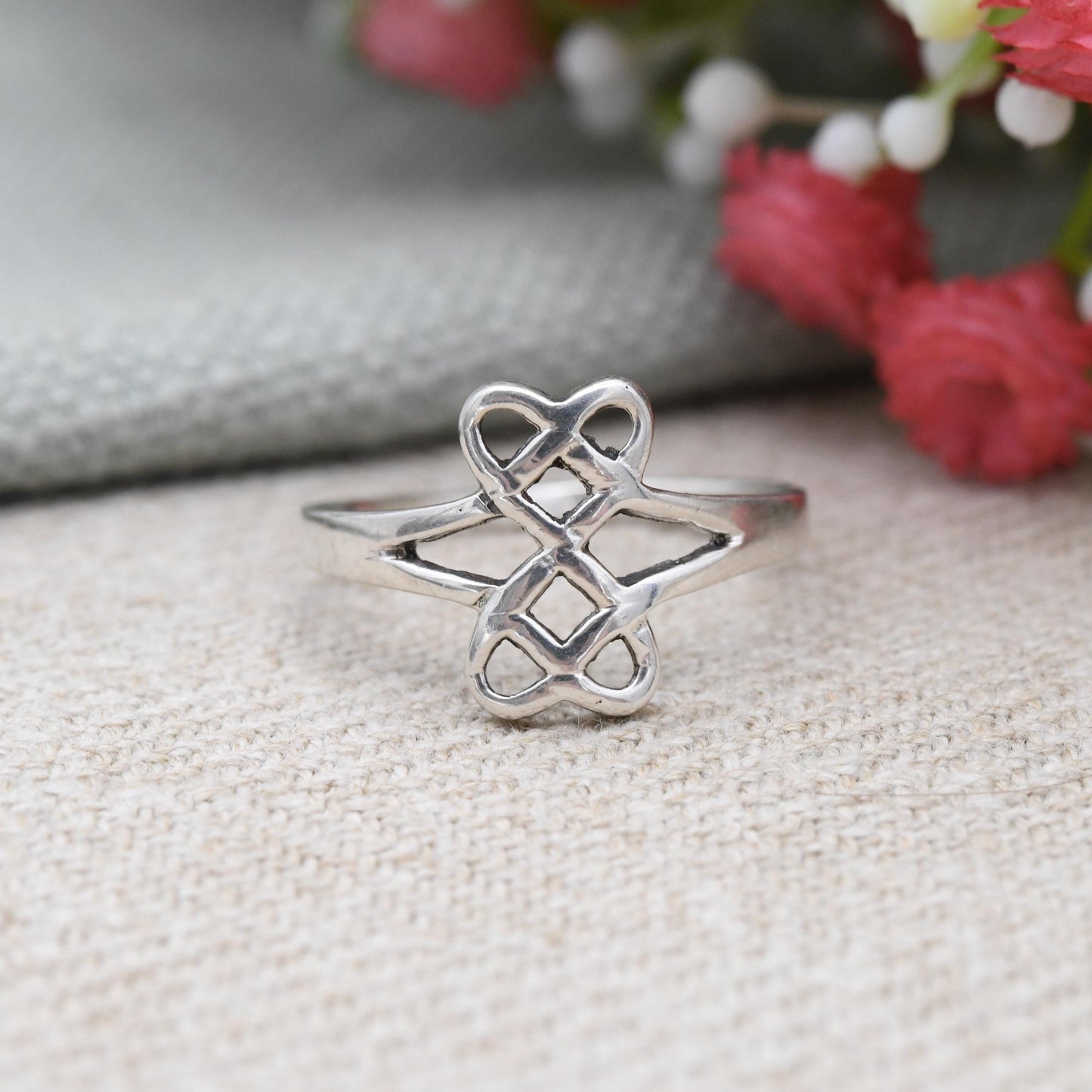 Vintage Sterling Silver Celtic Knot Ring Double Heart Design - Minimalist Twisted Knot Ring | UK Size - Q | US Size - 8