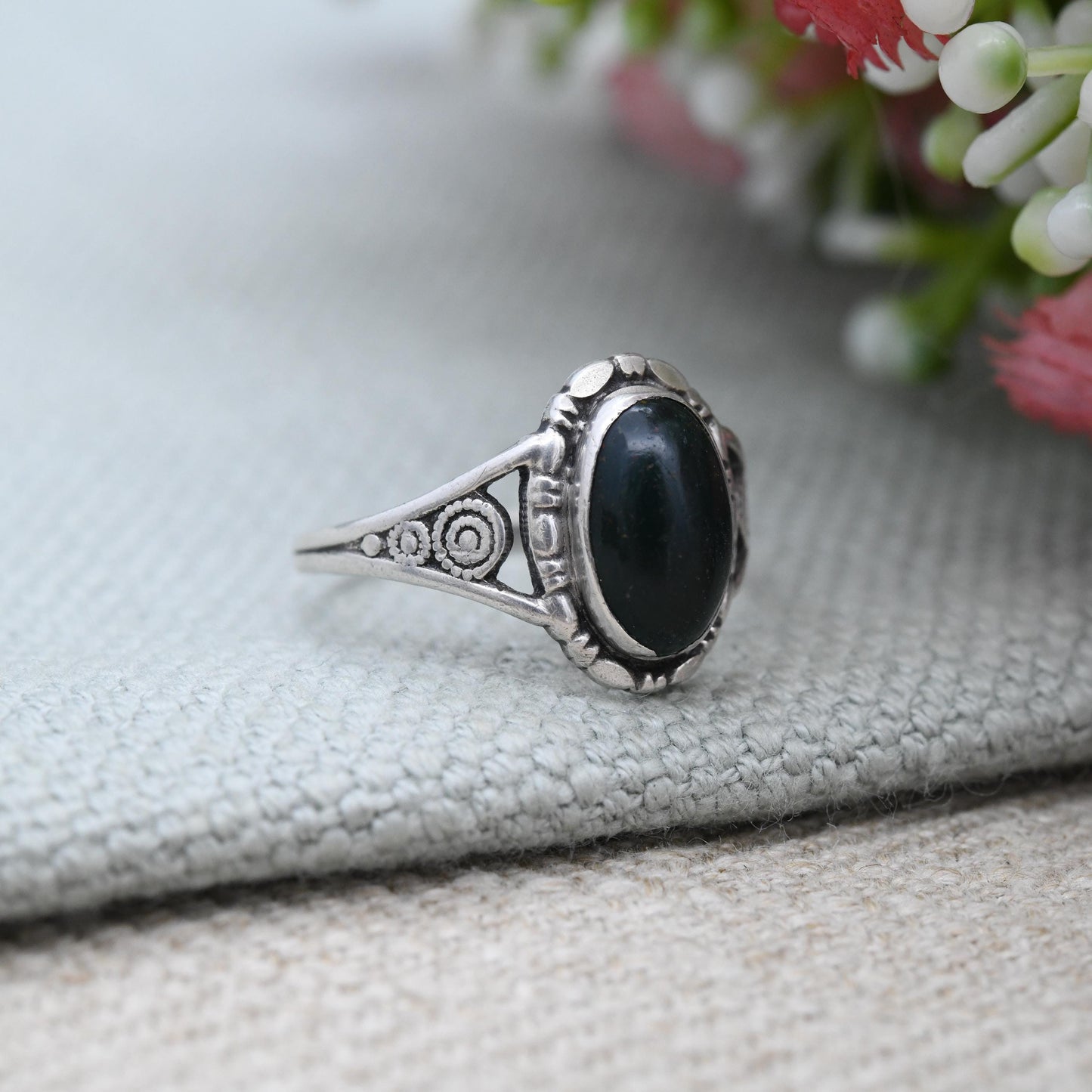 Vintage Sterling Silver Bloodstone Ring by TLM Thomas L Mott - Art Deco Era Made in England c. 1930s | Green Stone | UK Size - N US - 6 1/2