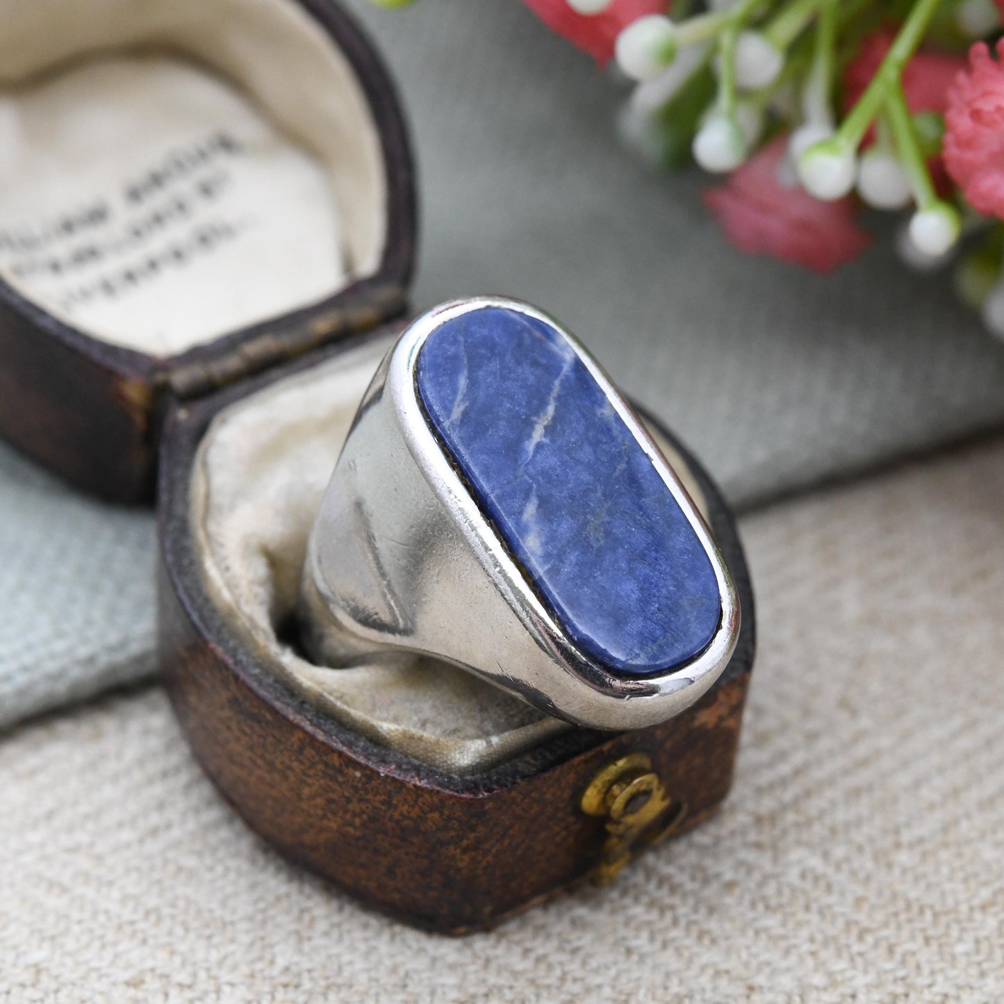 Vintage Sodalite Ring Chunky Blue Gemstone Jewellery - Unisex Statement Silver Tone | UK Size - O | US Size - 7