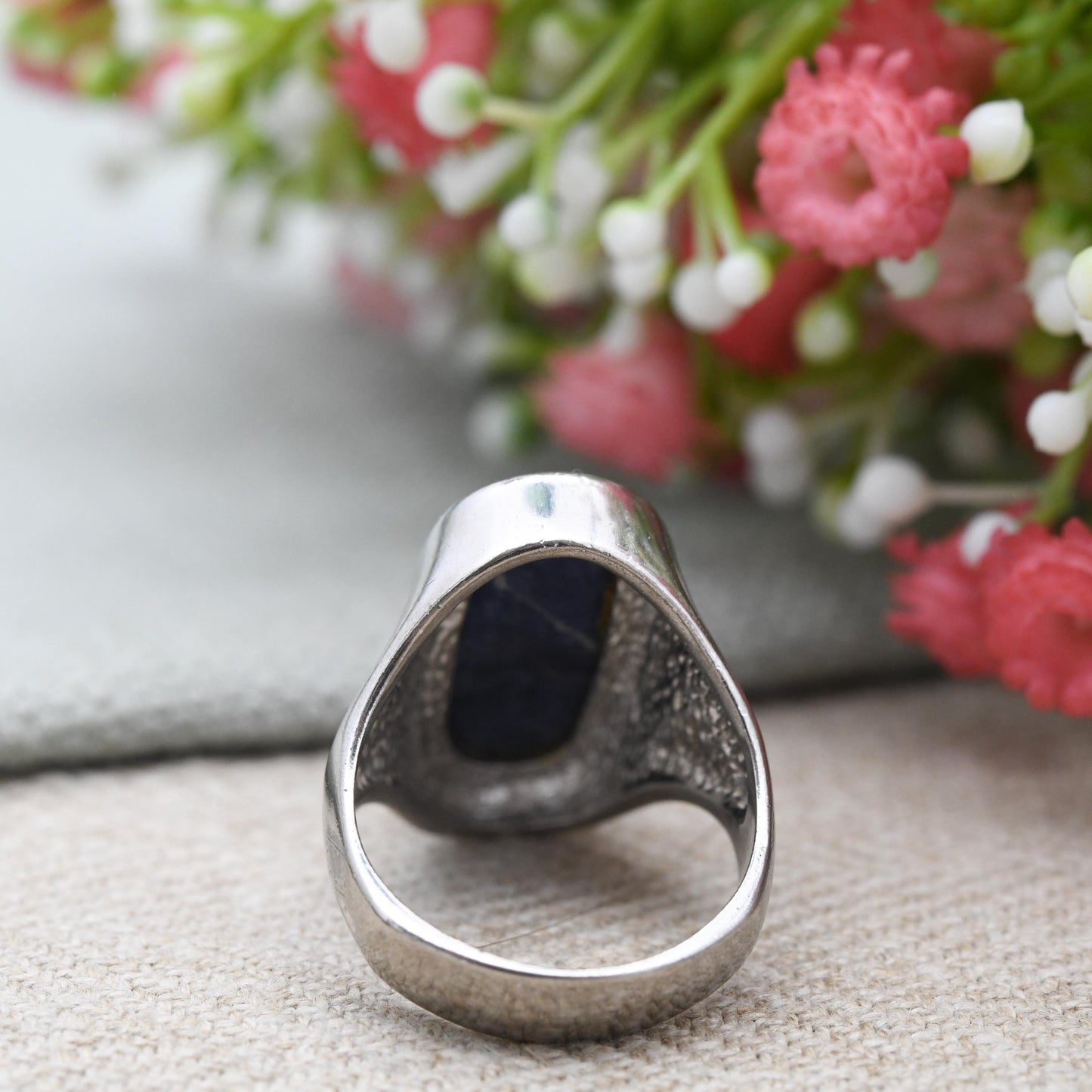 Vintage Sodalite Ring Chunky Blue Gemstone Jewellery - Unisex Statement Silver Tone | UK Size - O | US Size - 7