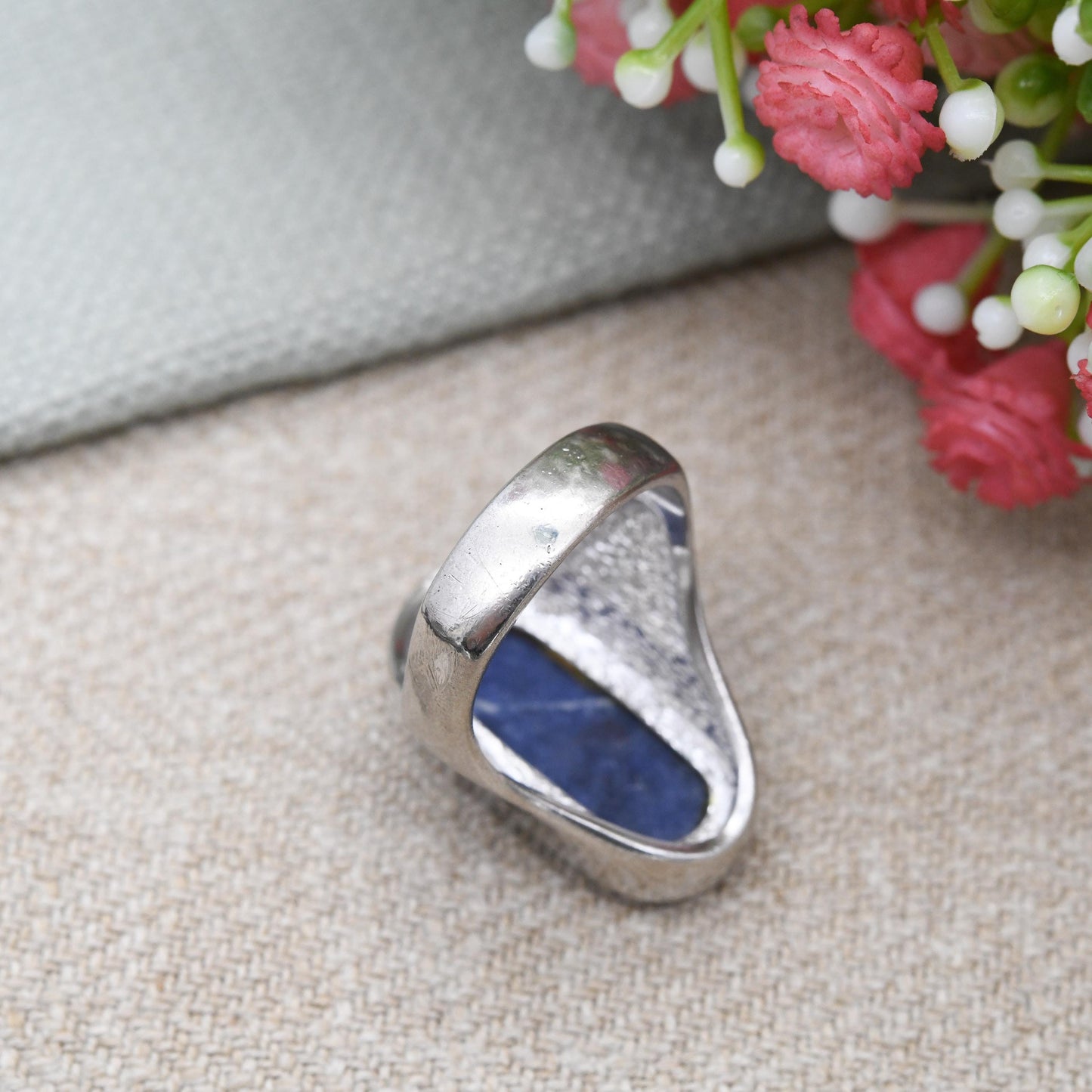 Vintage Sodalite Ring Chunky Blue Gemstone Jewellery - Unisex Statement Silver Tone | UK Size - O | US Size - 7