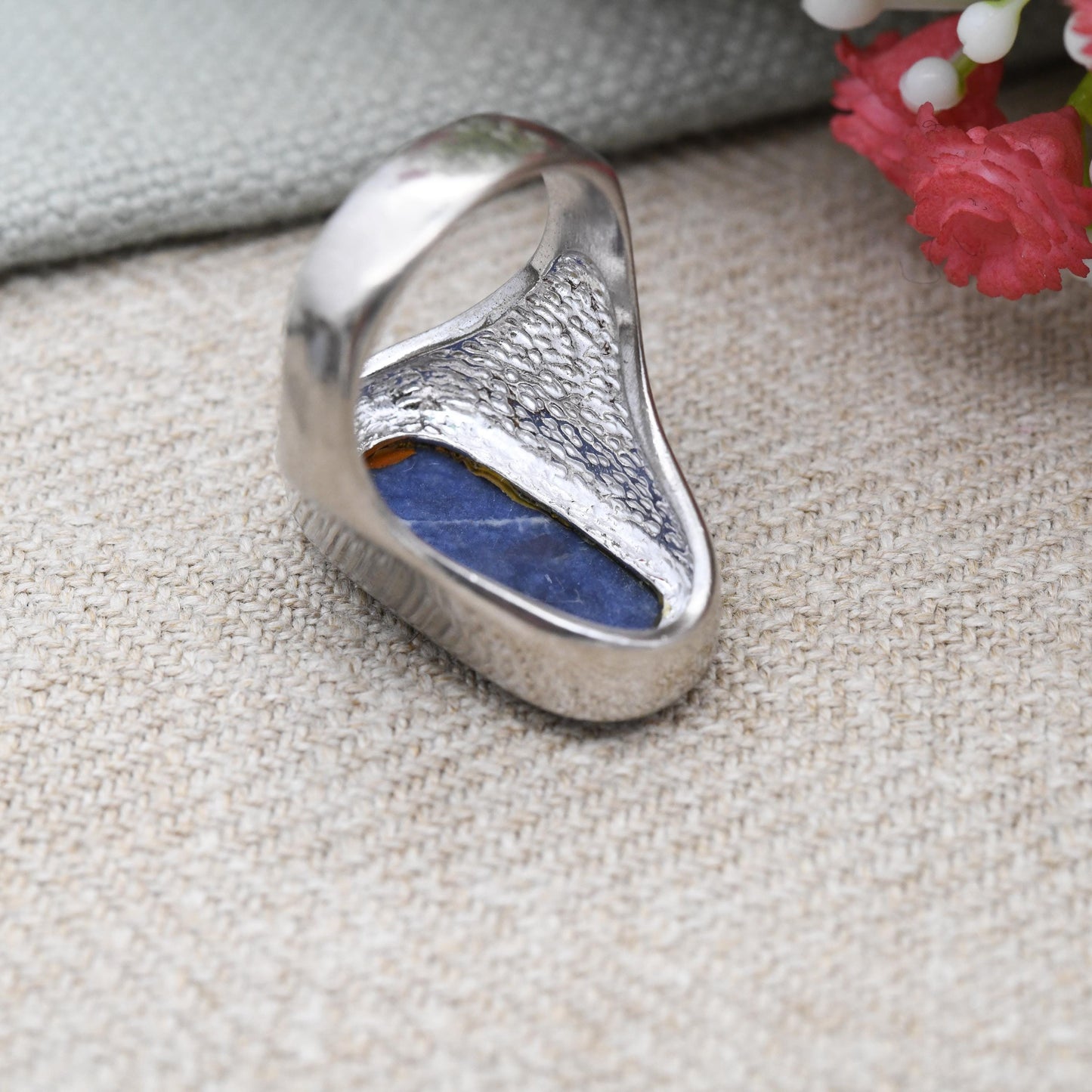Vintage Sodalite Ring Chunky Blue Gemstone Jewellery - Unisex Statement Silver Tone | UK Size - O | US Size - 7