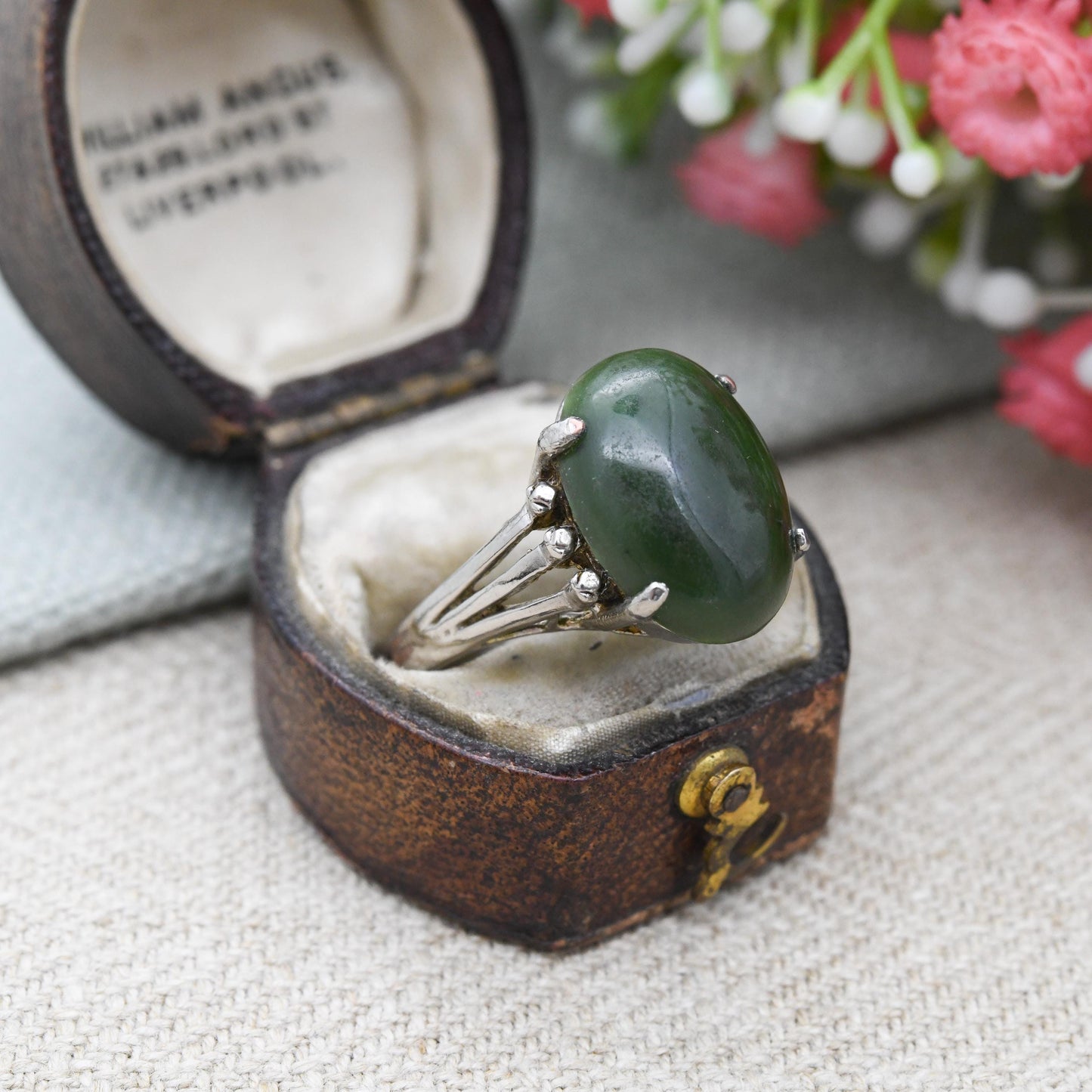 Vintage Nephrite Jade Statement Ring - Large Cabochon Green Gemstone | UK Size - P | US Size - 7 1/2