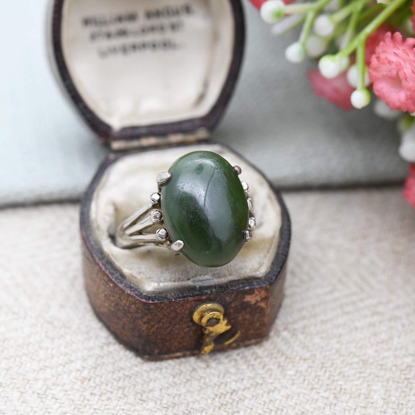Vintage Nephrite Jade Statement Ring - Large Cabochon Green Gemstone | UK Size - P | US Size - 7 1/2
