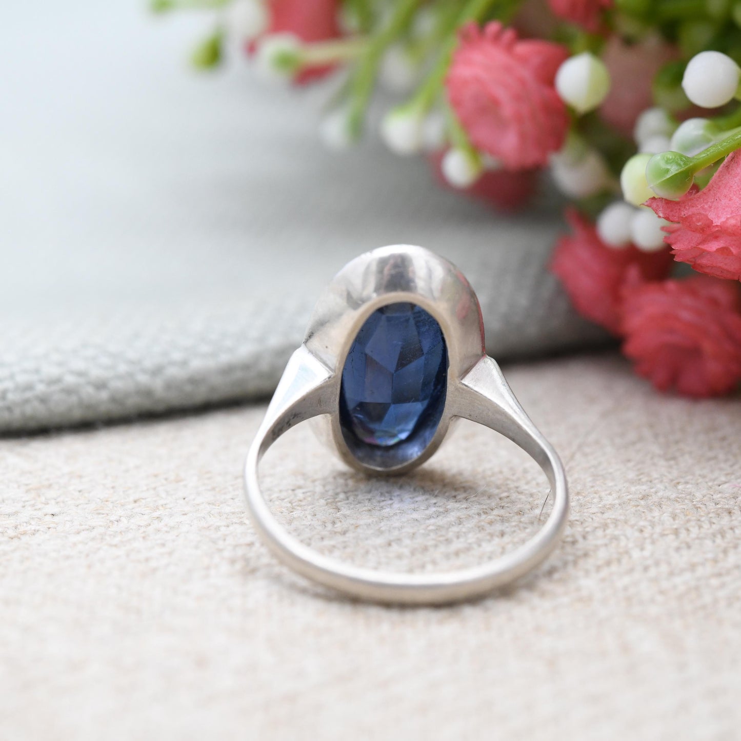 Antique Art Deco European Silver Ring with Large Blue Stone - c. 1920s 1930s Cocktail Statement Ring | UK Size - L | US Size - 5 3/4