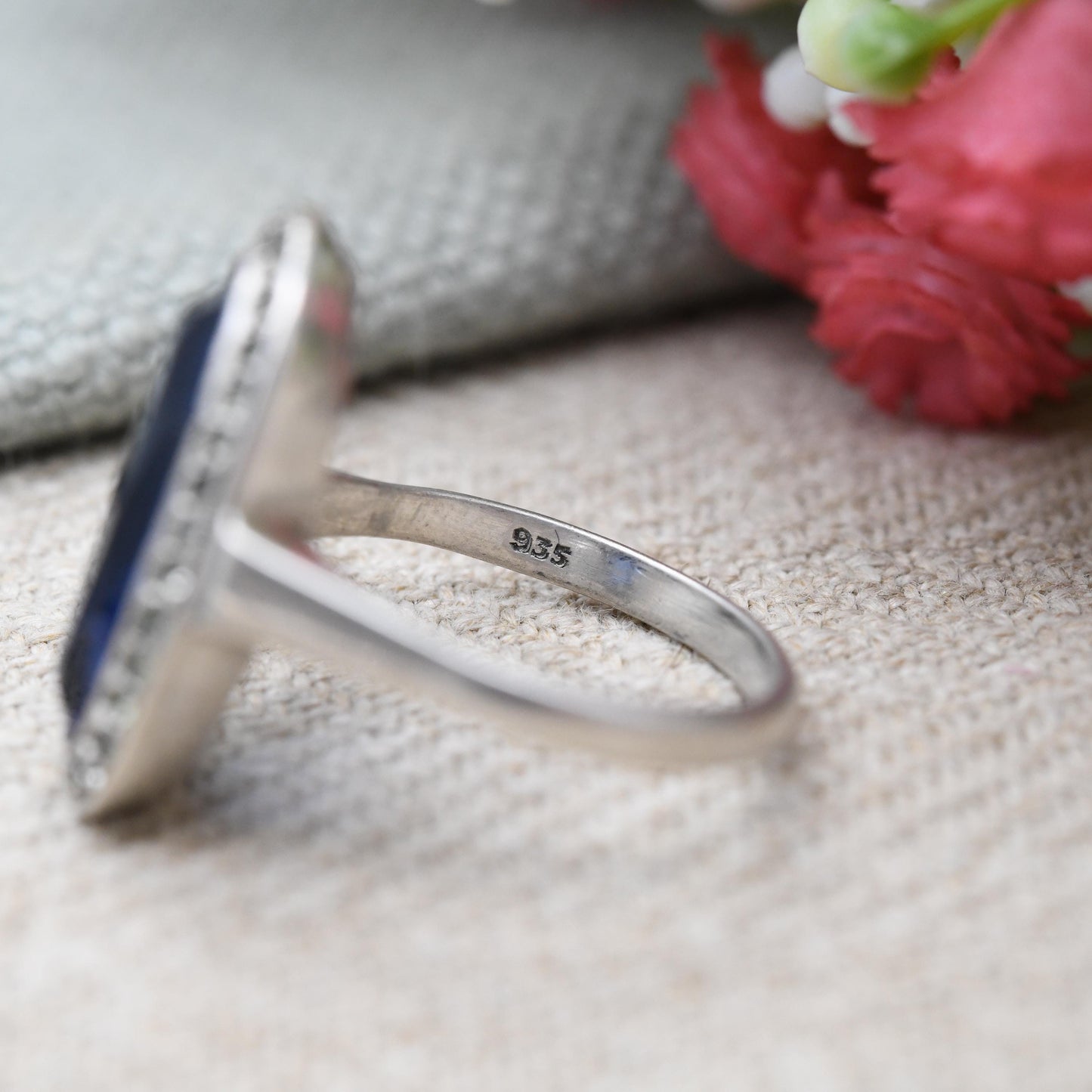 Antique Art Deco European Silver Ring with Large Blue Stone - c. 1920s 1930s Cocktail Statement Ring | UK Size - L | US Size - 5 3/4