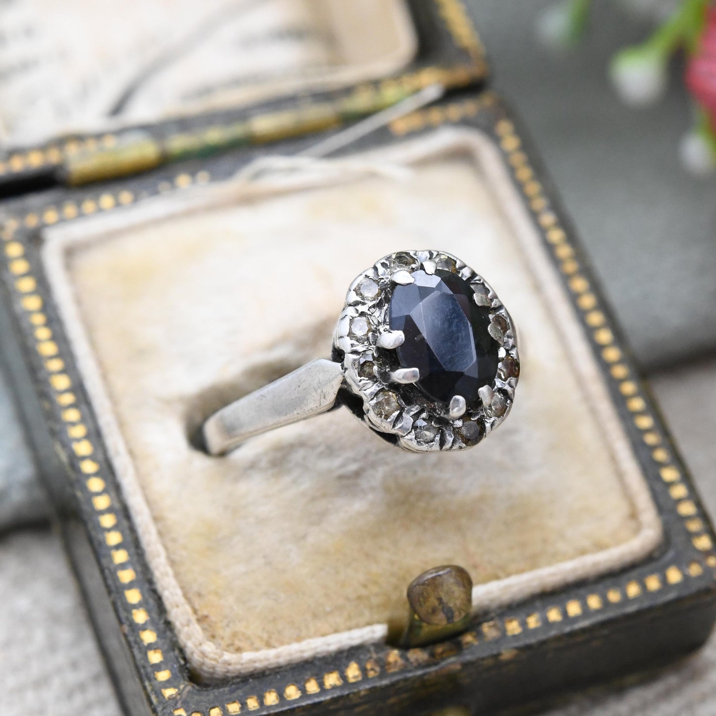Vintage Sterling Silver Sapphire Halo Ring - Mid-Century Statement Sparkly Cocktail Ring with Clear Stones | UK Size - K | US Size - 5 1/4