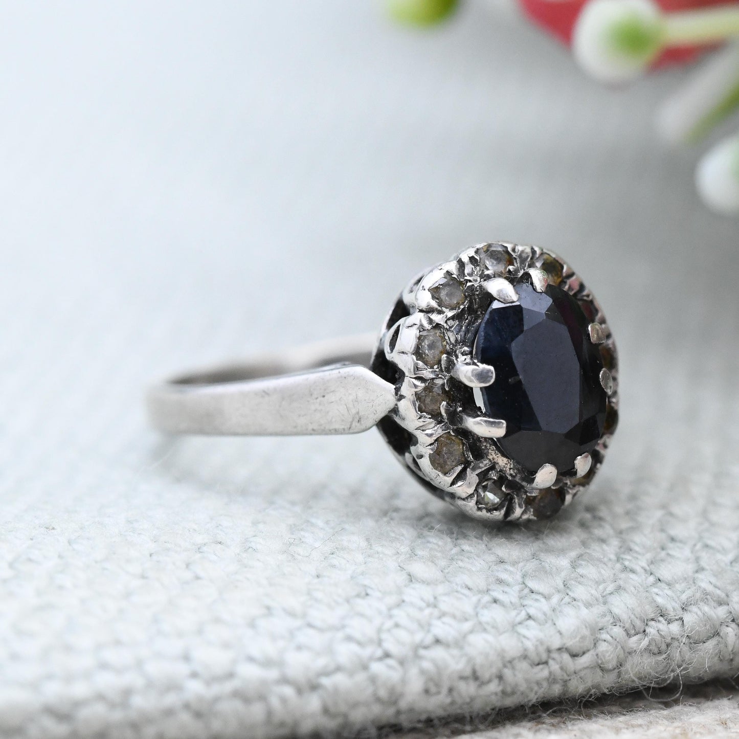 Vintage Sterling Silver Sapphire Halo Ring - Mid-Century Statement Sparkly Cocktail Ring with Clear Stones | UK Size - K | US Size - 5 1/4