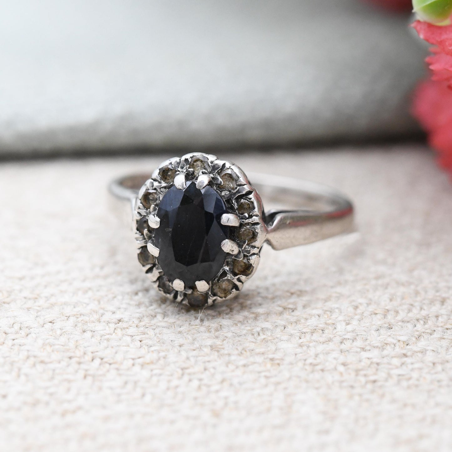 Vintage Sterling Silver Sapphire Halo Ring - Mid-Century Statement Sparkly Cocktail Ring with Clear Stones | UK Size - K | US Size - 5 1/4