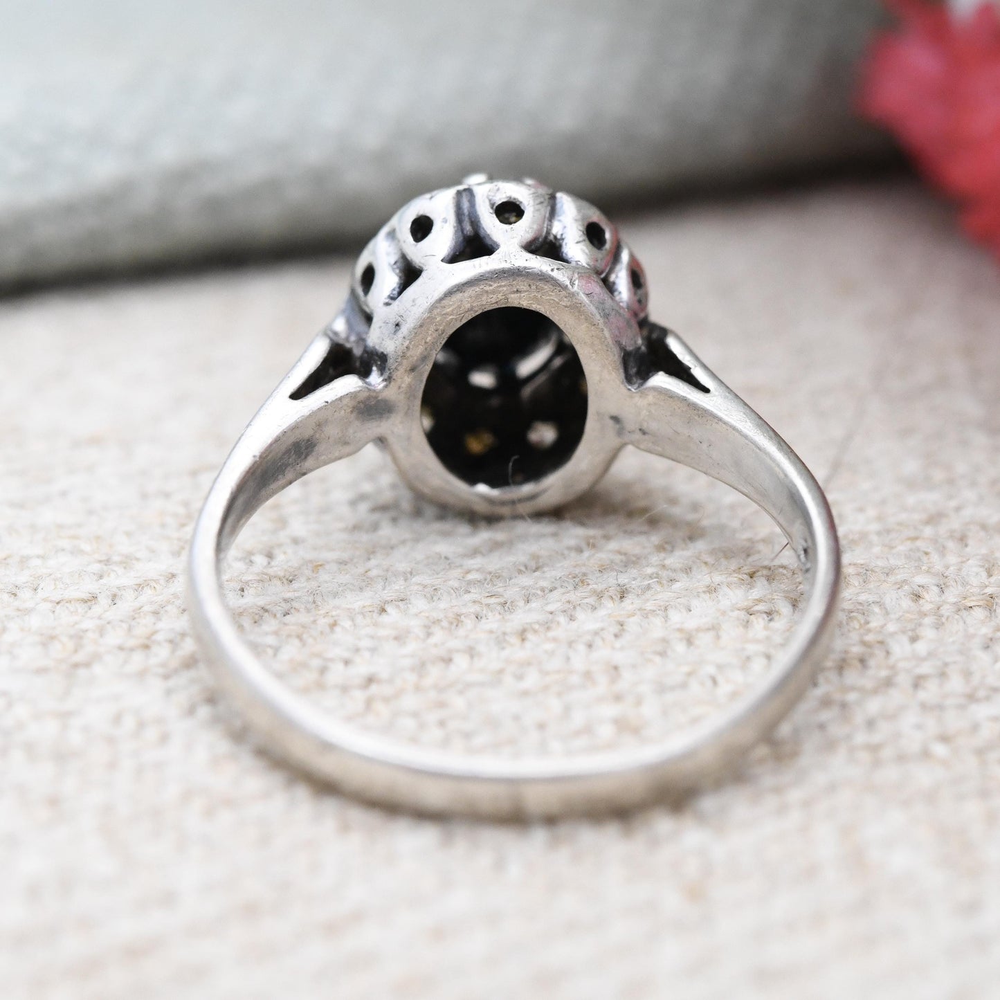Vintage Sterling Silver Sapphire Halo Ring - Mid-Century Statement Sparkly Cocktail Ring with Clear Stones | UK Size - K | US Size - 5 1/4