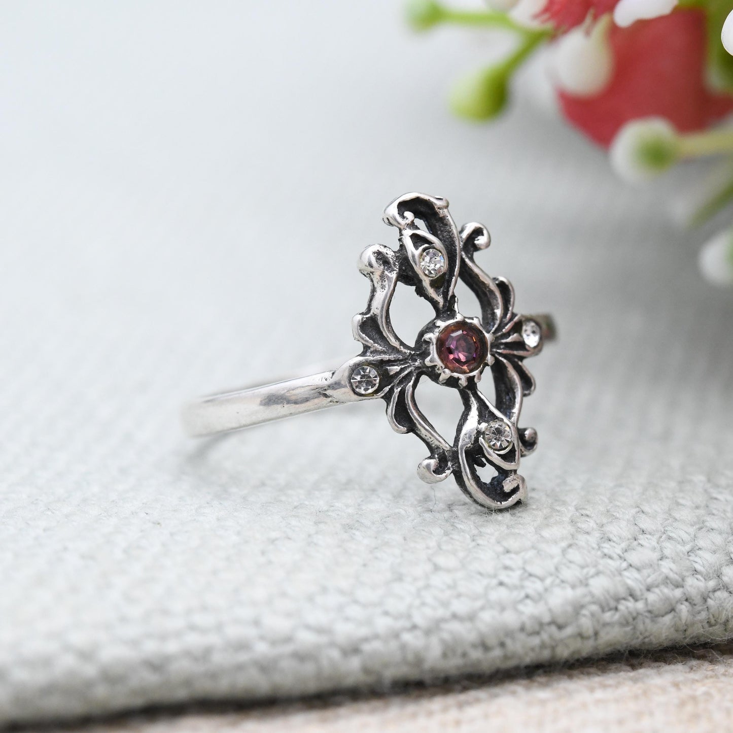 Vintage Sterling Silver Plaque Ring Ornate Openwork Design - Sculptural Floral | Pink and Clear Stones | UK Size - O 1/2 | US Size - 7 1/2