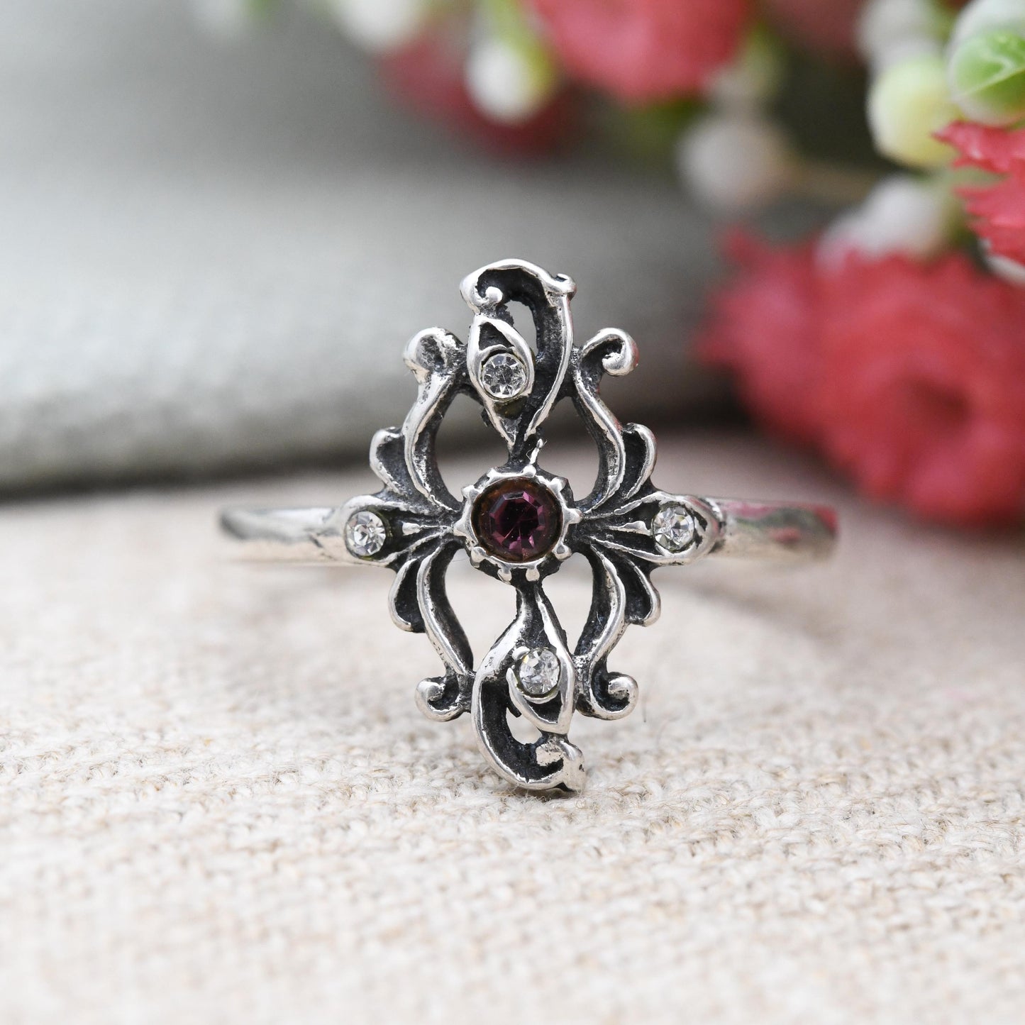 Vintage Sterling Silver Plaque Ring Ornate Openwork Design - Sculptural Floral | Pink and Clear Stones | UK Size - O 1/2 | US Size - 7 1/2