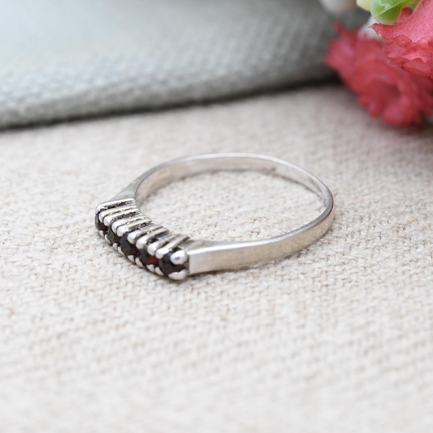 Vintage Silver Garnet Five Stone Ring - Pretty Mid-Century Red Gemstone Stacking Ring Bar Setting | UK Size - P | US Size - 7 3/4