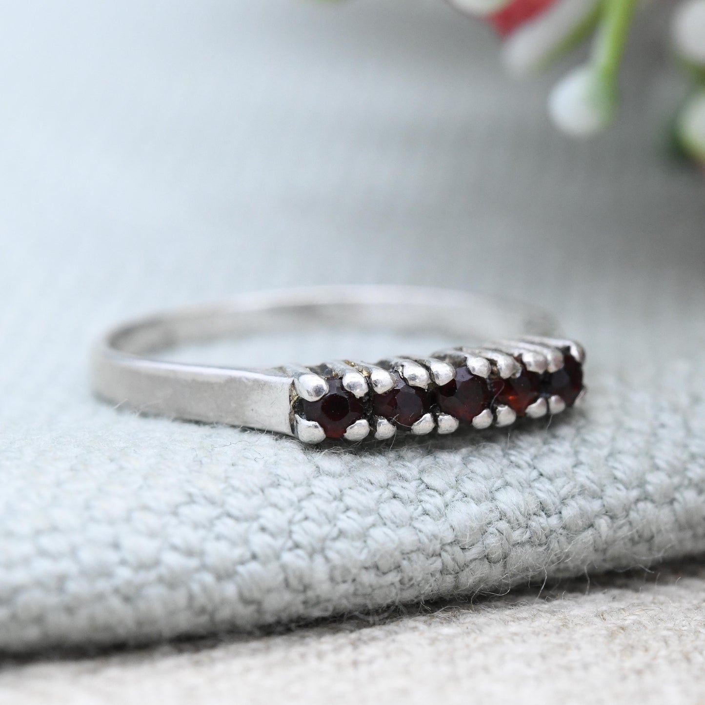 Vintage Silver Garnet Five Stone Ring - Pretty Mid-Century Red Gemstone Stacking Ring Bar Setting | UK Size - P | US Size - 7 3/4
