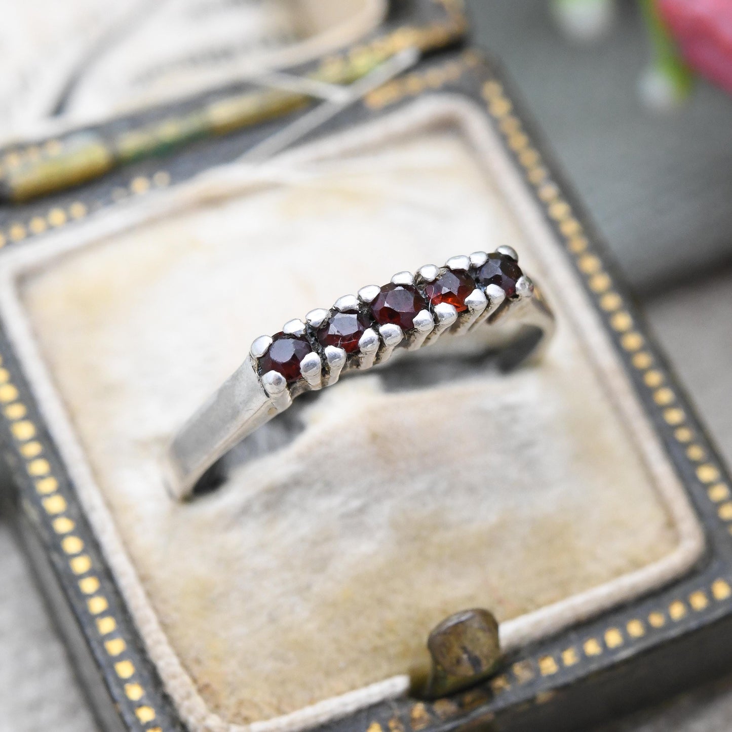 Vintage Silver Garnet Five Stone Ring - Pretty Mid-Century Red Gemstone Stacking Ring Bar Setting | UK Size - P | US Size - 7 3/4