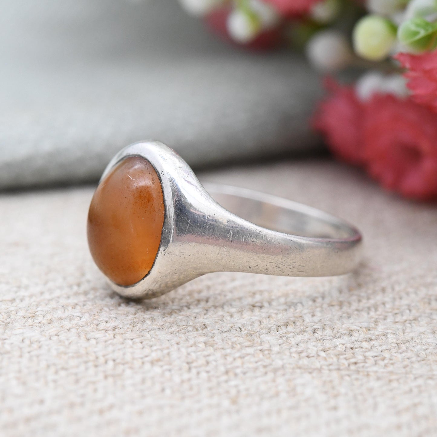 Vintage Sterling Silver Banded Agate Signet Ring - Cabochon Orange Gemstone | Unisex Jewellery Gift | UK Size - P | US Size - 7 3/4