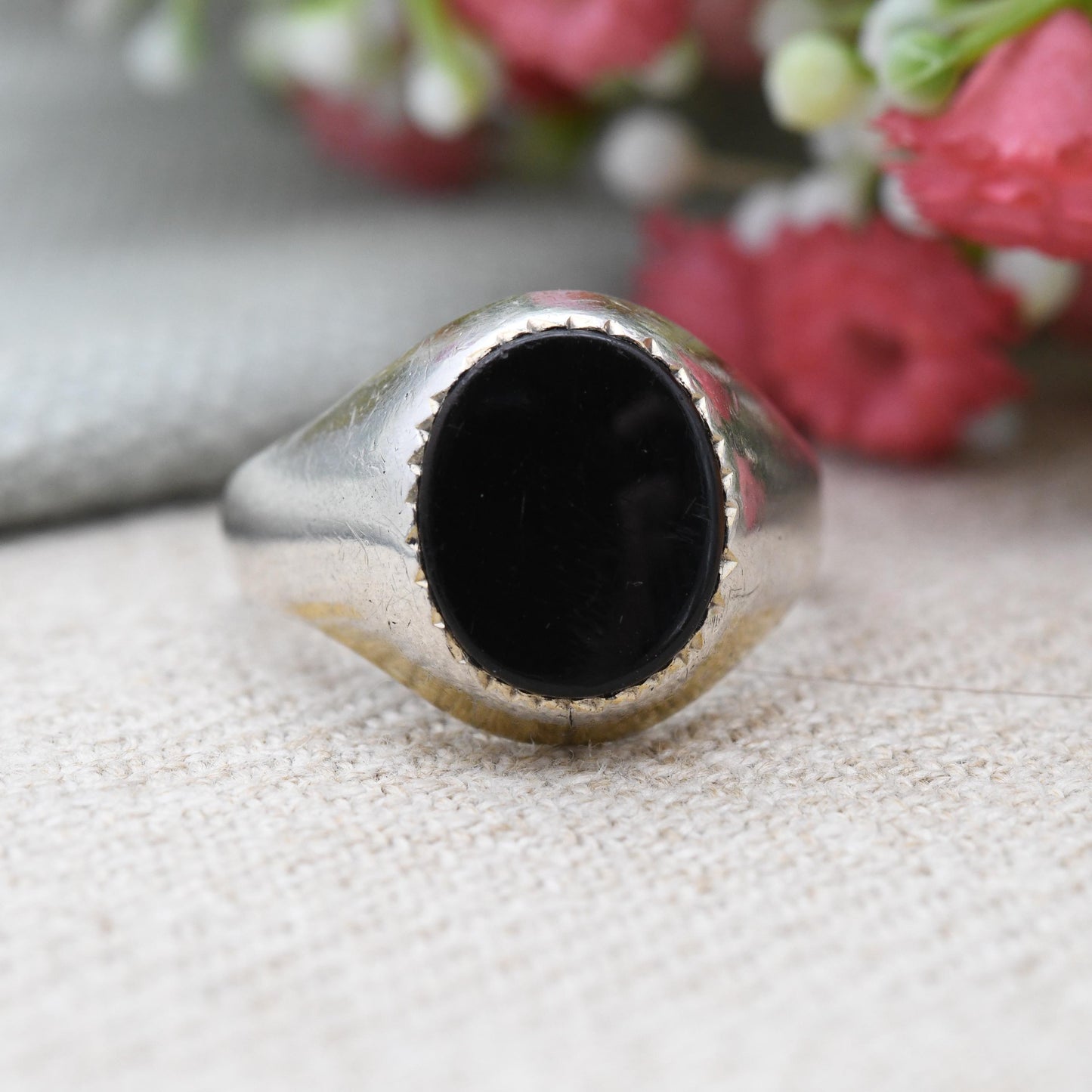 Vintage Sterling Silver Onyx Signet Ring - Gold Plated 22ct On Silver | Chunky Large Unisex Jewellery | UK Size - R | US Size - 8 1/2