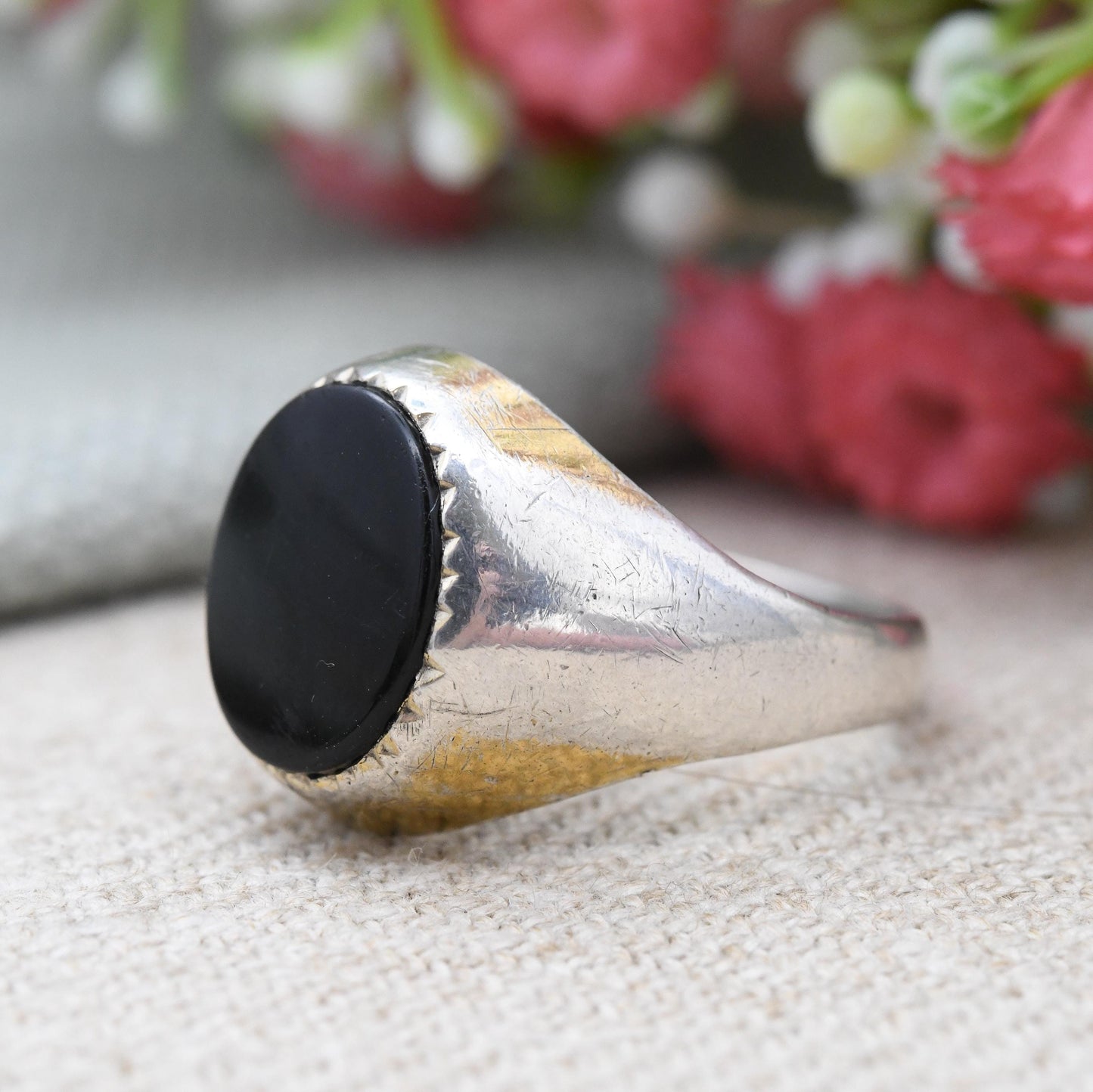 Vintage Sterling Silver Onyx Signet Ring - Gold Plated 22ct On Silver | Chunky Large Unisex Jewellery | UK Size - R | US Size - 8 1/2